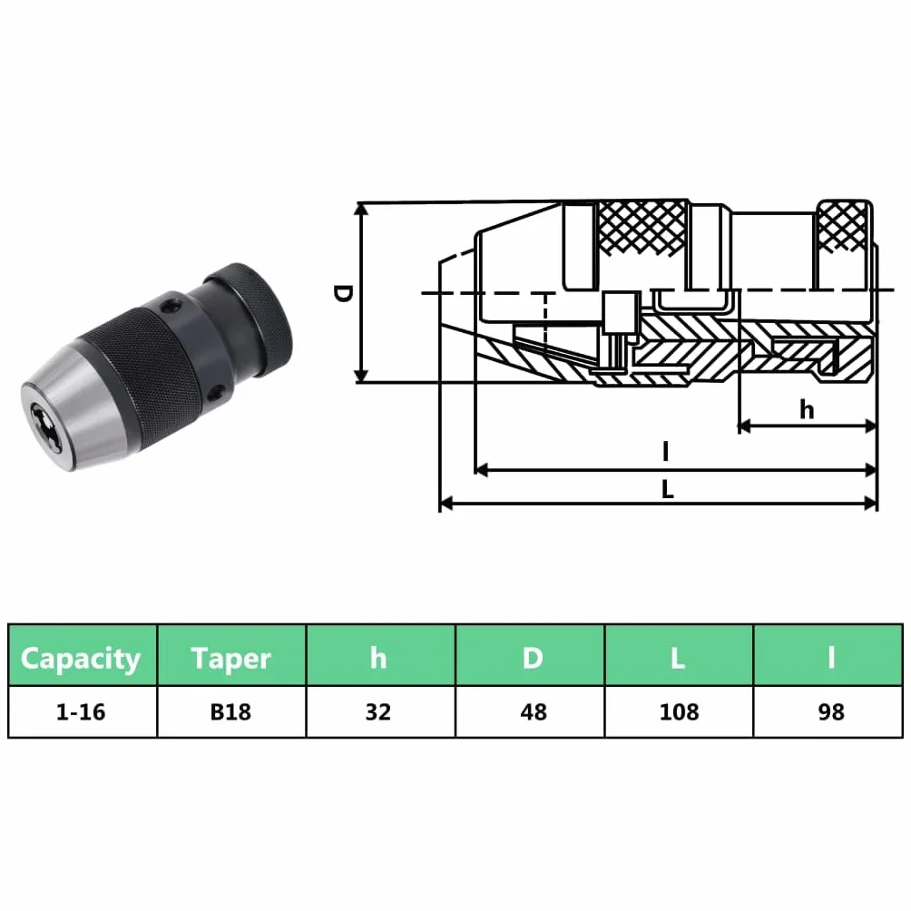 Szybkozaciskowy uchwyt wiertarski MT3-B18 ze stali 40 CR z zakresem mocowania 1-16 mm, bezkluczykowy uchwyt na koło zębate, mocowanie adaptera do wiertarek, tokarek, zastosowania w warsztacie
