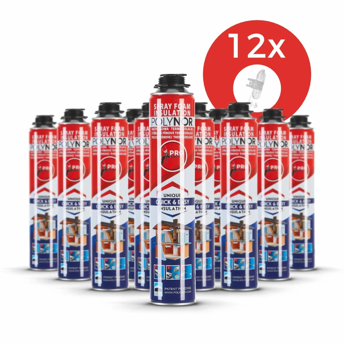 POLYNOR Izolacja Cieplna PUR w Puszce PRO - Zestaw - 12 Pianek - Pistolet do piany - Natryskowa Izolacja Termiczna - Izolacja Ścian, Dachów, Sufitów, Rur - Aerozol 750 ml