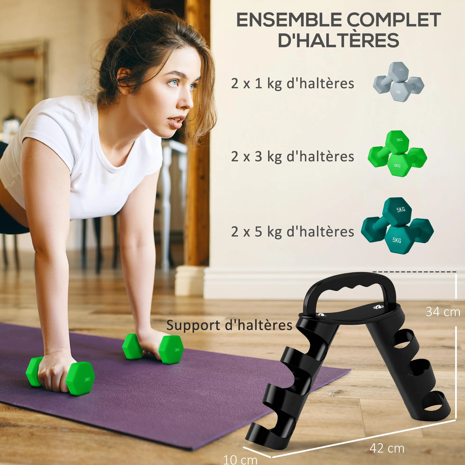 SPORTNOW Zestaw hantli sześciokątnych, 2 x 1 kg, 2 x 3 kg, 2 x 5 kg, z możliwością wymiany hantli, do treningu w domu, kettlebell, do podnoszenia ciężarów