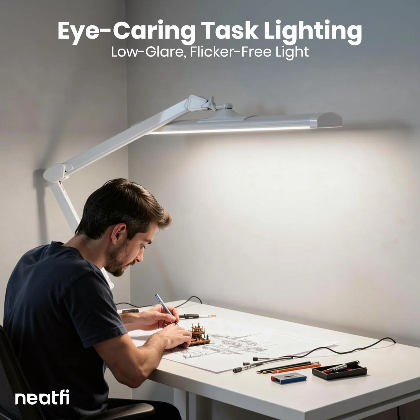 Neatfi Ultra Lampa Biurkowa – 3 500 Lumenów, 45W LED, Szeroki Klosz 66cm, 5 Poziomów Jasności, Światło Bez Cieni i Bez Migotania, Lampa do Czytania, Rękodzieła (Bez CCT z Podstawą, Biały)
