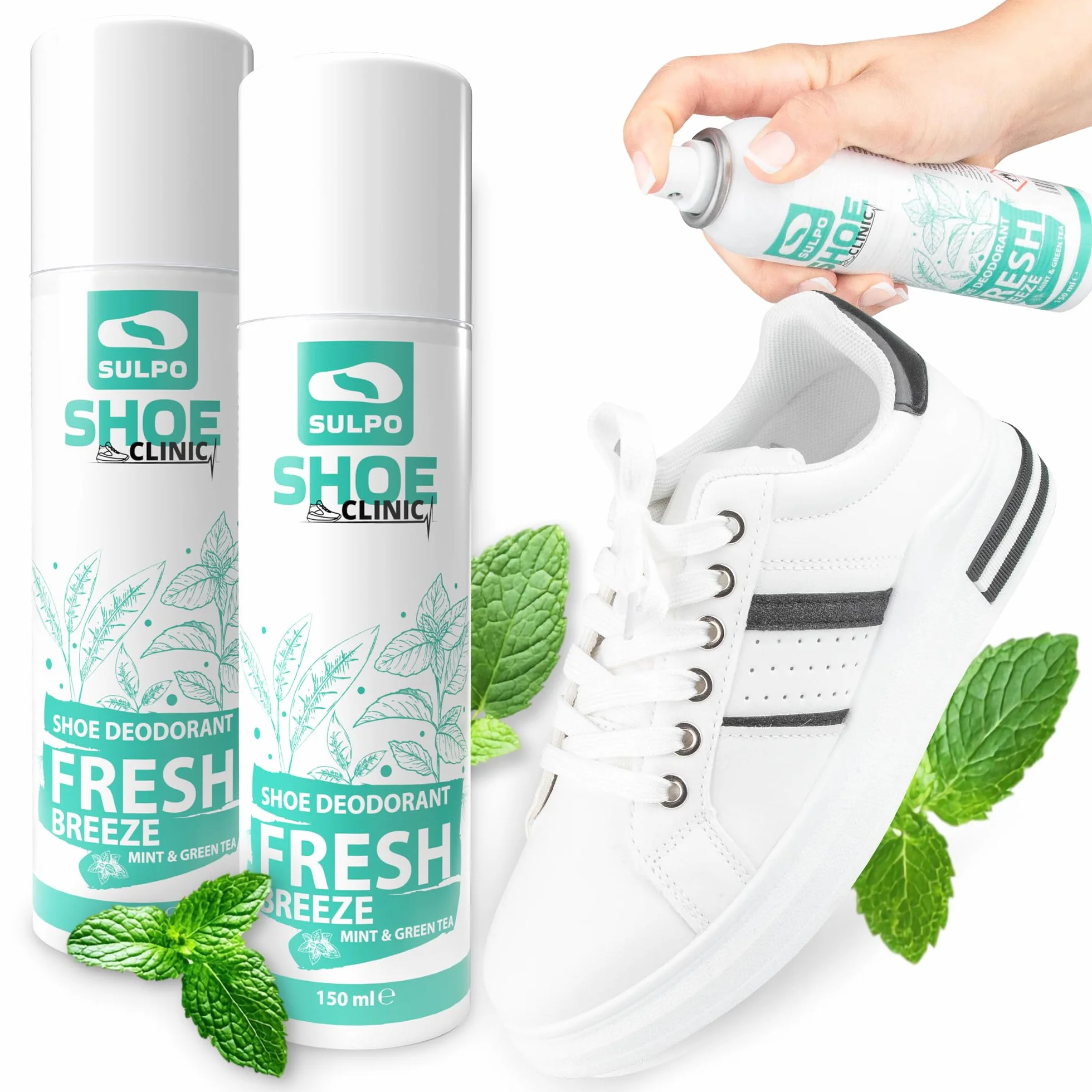 SULPO Shoe Clinic dezodorant do butów - przeciw nieprzyjemnemu zapachowi - spray do butów odor stop - odświeżający spray do usuwania zapachu z butów - mięta i zielona herbata 150ml