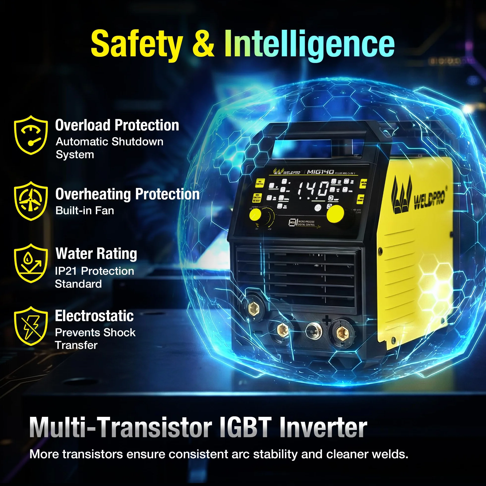 WeldPRO Lutownica MIG 140A 110/220V, lutownica rdzenia przepływowego 5 w 1, synergiczna MIG/grubość MIG/Lift TIG/MMA/spawarka punktowa, spawarka inwerterowa IGBT z cyfrowym wyświetlaczem LED