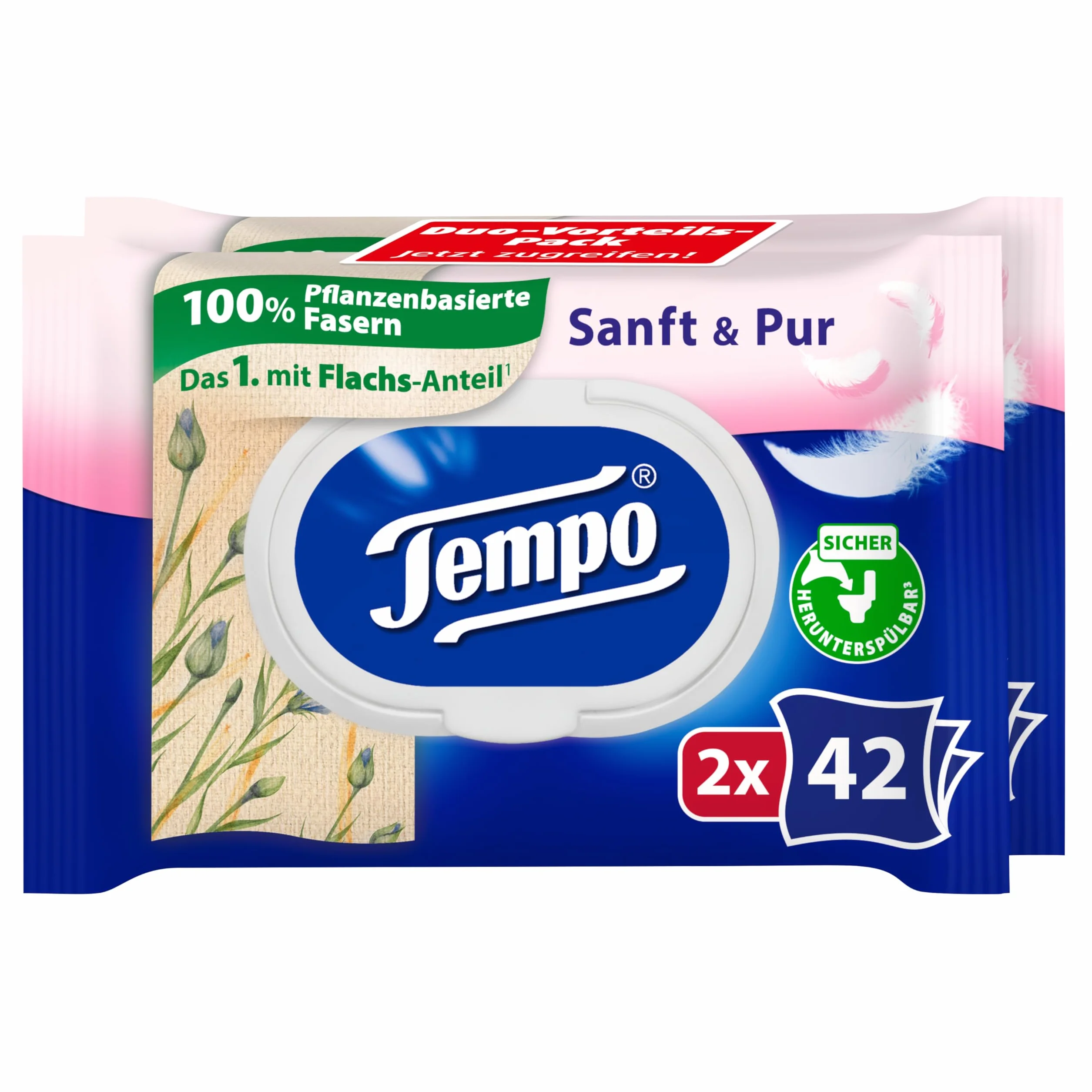Tempo Wilgotne ściereczki toaletowe "Soft & Pur" - Megapack - 16 opakowań po 42 ściereczki - podwójne opakowania - wilgotny papier toaletowy, testowany dermatologicznie i neutralny dla skóry