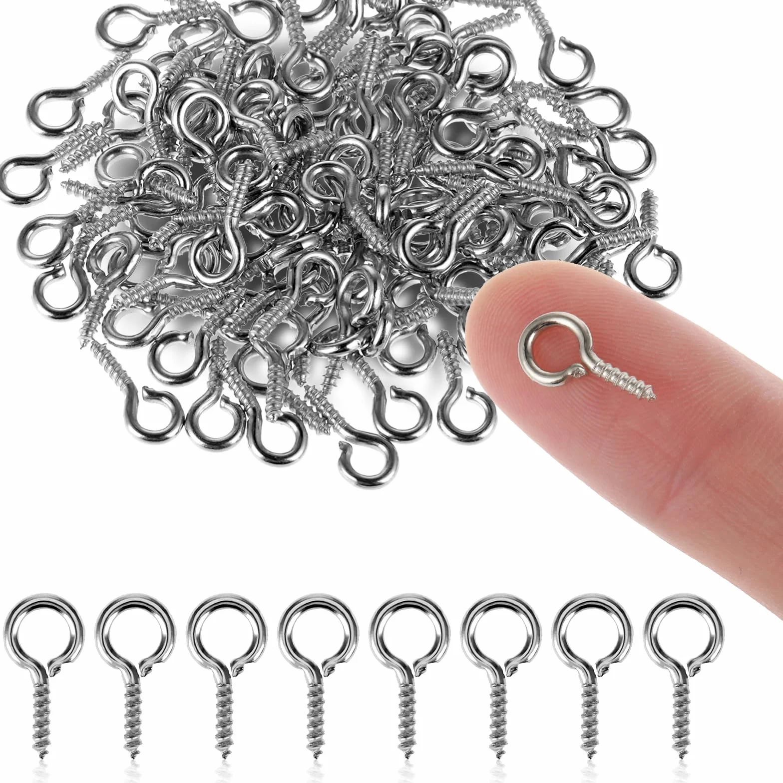 Amabro Małe oczka, mini śrubowe oczka, gwintowane metalowe oczka, oczkowe, oczkowe do produkcji biżuterii, wisiorki, koraliki, DIY, rzemiosło, 10 mm (srebrne)