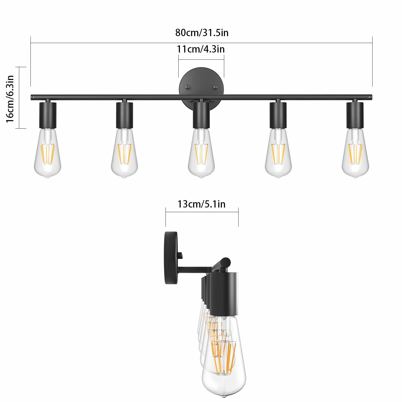 Klighten Lampa do lustra w stylu vintage, industrialna, E27, 5 płomieni, lampa łazienkowa, lampa łazienkowa, lampa ścienna, czarna, metalowa, do wnętrz, długość: 80 cm, bez żarówki