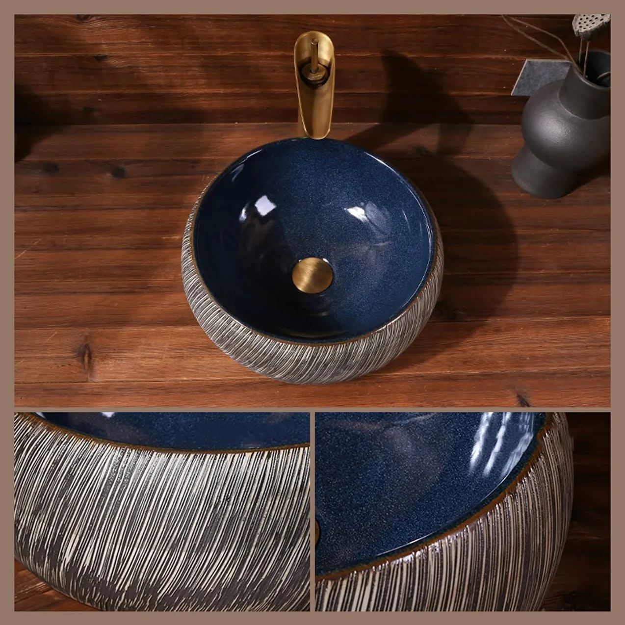 Okrągła Umywalka Porcelanowa Nablatowa, Modna Umywalka Łazienkowa Z Artystyczną Misą, Umywalka Nablatowa Ceramiczna Z Baterią I Odpływem, Szczotkowana, Teksturowana