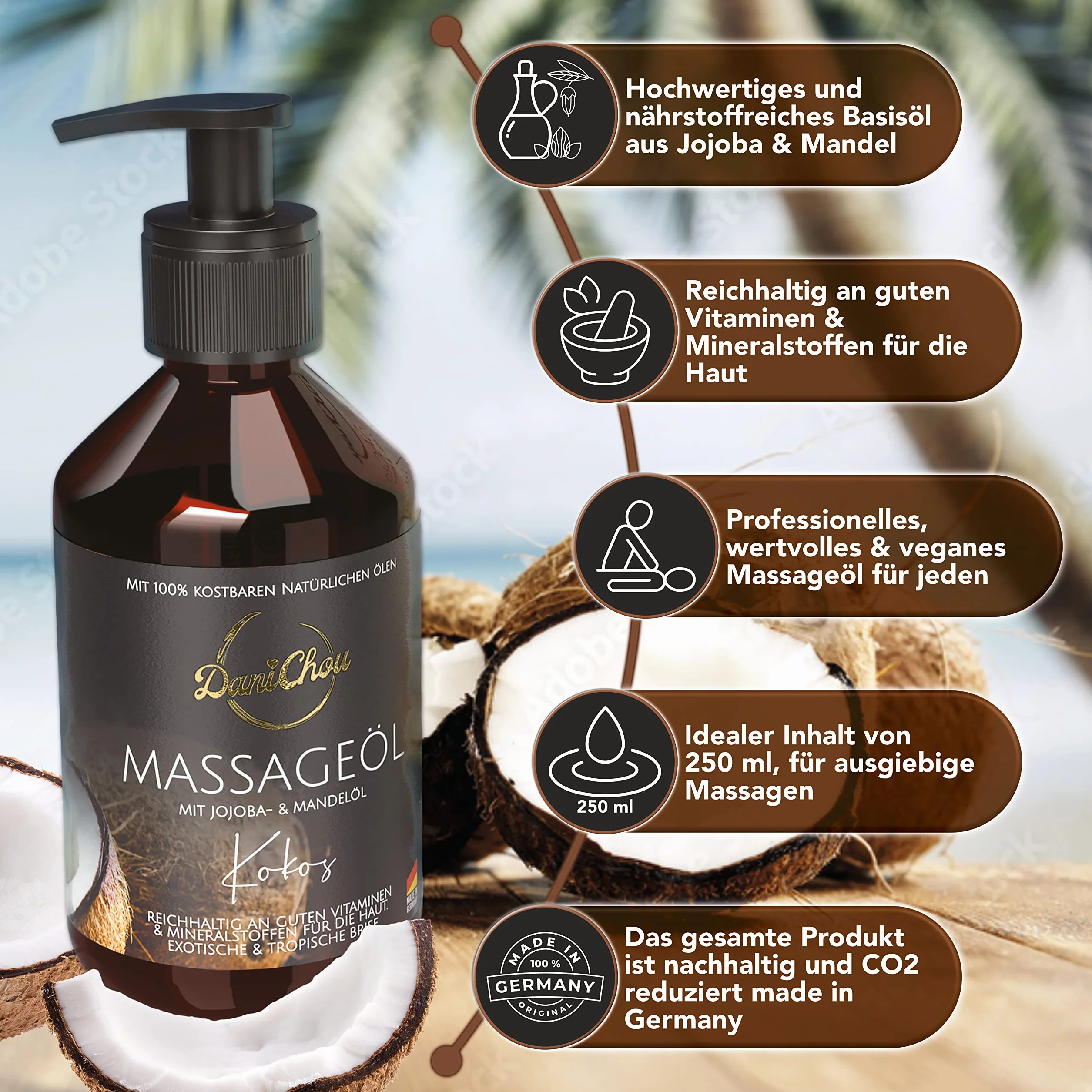 Olejek kokosowy do masażu 250 ml z olejkiem jojoba i migdałowym 100% naturalny wegański