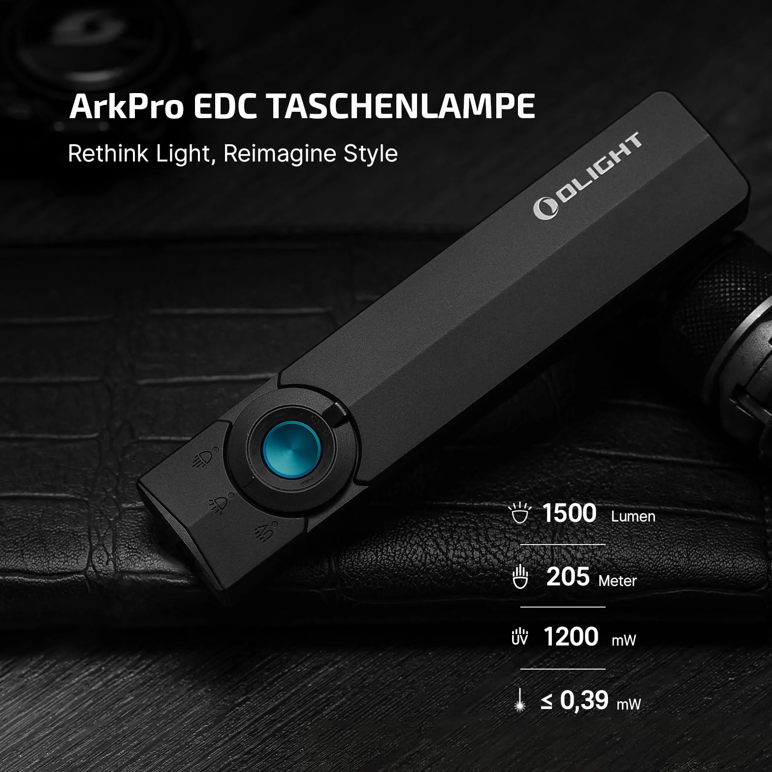 OLIGHT ArkPro Latarka z promieniowaniem UV i światłem zielonym, 1500 lumenów, zasięg wiązki 205 m, latarka z skupionym i czystym światłem rozproszonym do użytku na zewnątrz, wodoodporna IPX7, czarna