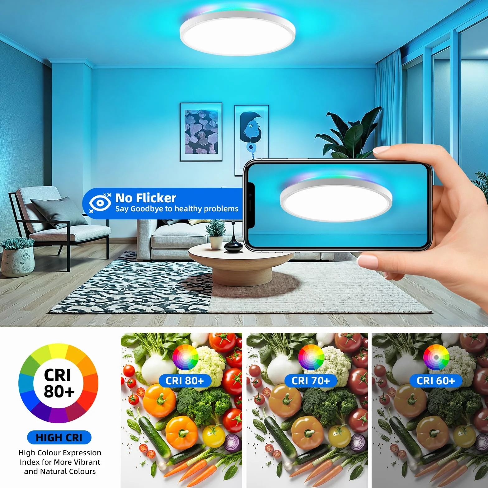 Lampa Sufitowa LED, Lampa Sufitowa 24W 2160LM z Pilotem Zdalnego Sterowania, 3000K-6500K 7 RGB Kolor Okrągła Cienka Nowoczesna Lampa Sufitowa do Sypialni Kuchni Biura łazienki Salonu - Ø 30cm