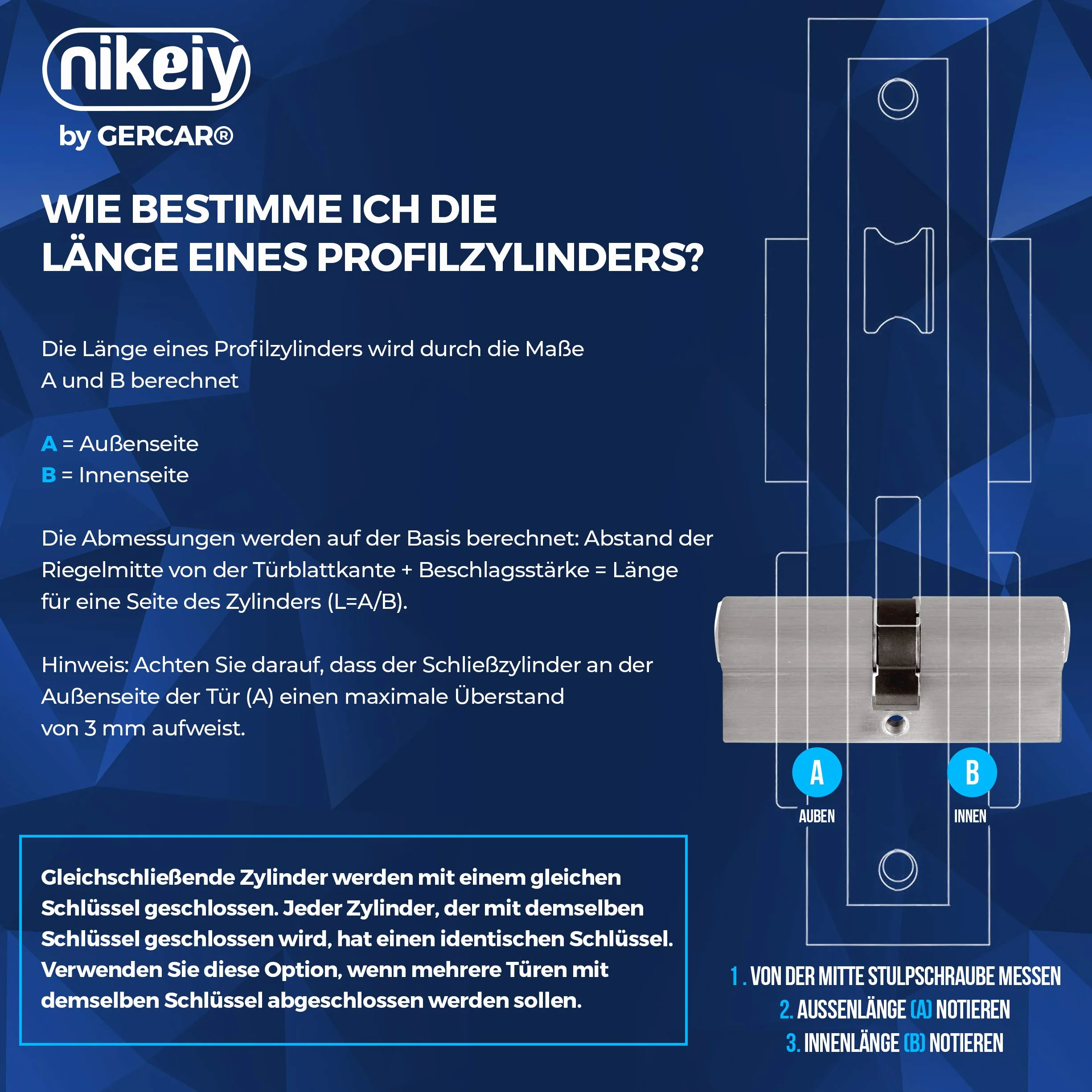 GERCAR Pro cylinder profilowy 30/40 masywny cylinder zamykający podwójny cylinder zamek bębenkowy zamek drzwi - z mosiądzu niklowanego - w zestawie 5 kluczy - klucz dwustronny - długość: 70 mm, A: 30