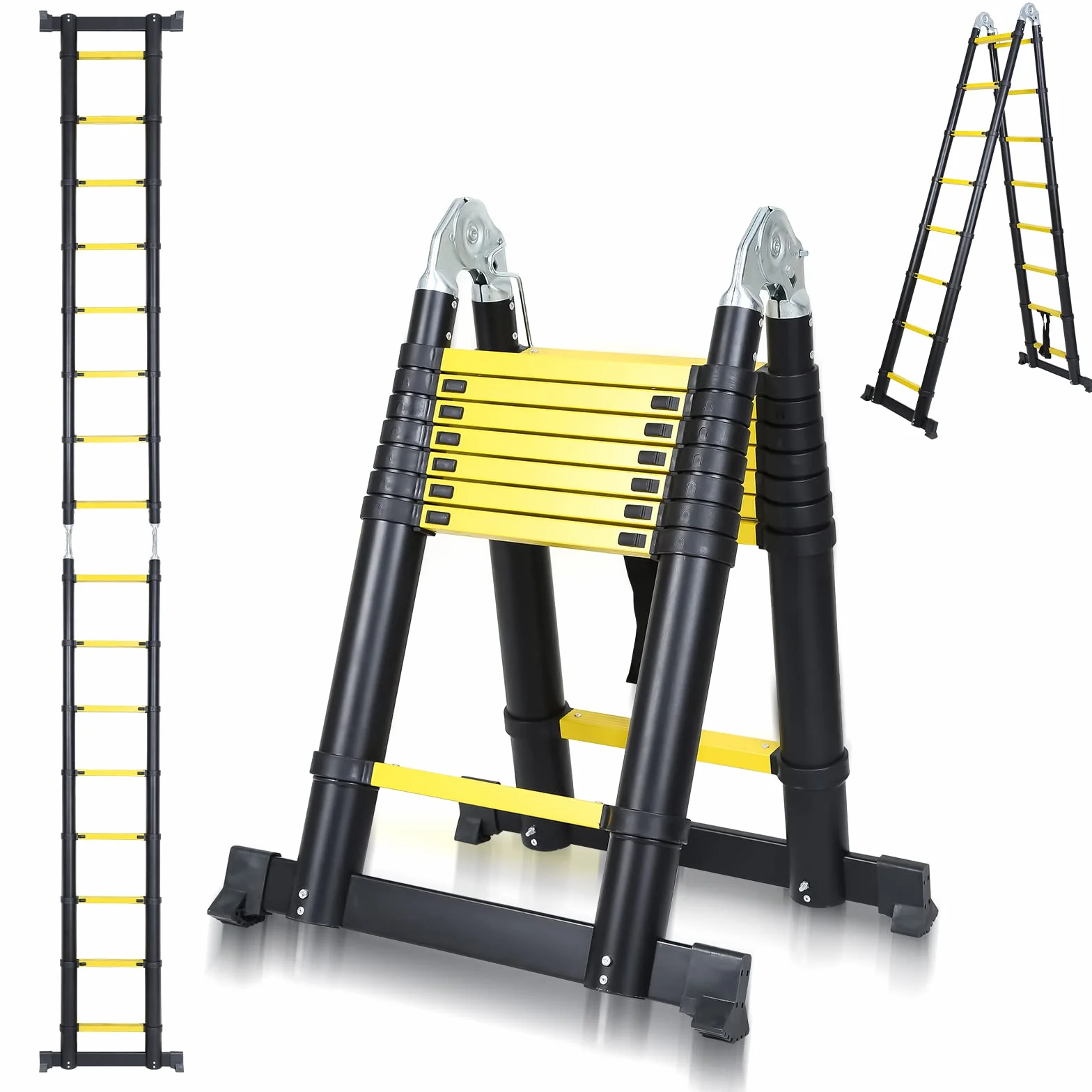 Randaco Składana drabina teleskopowa, 5 m, aluminiowa, wielofunkcyjna, teleskopowa, wysuwana, składana, antypoślizgowa, maks. obciążenie 150 kg, czarno-żółta