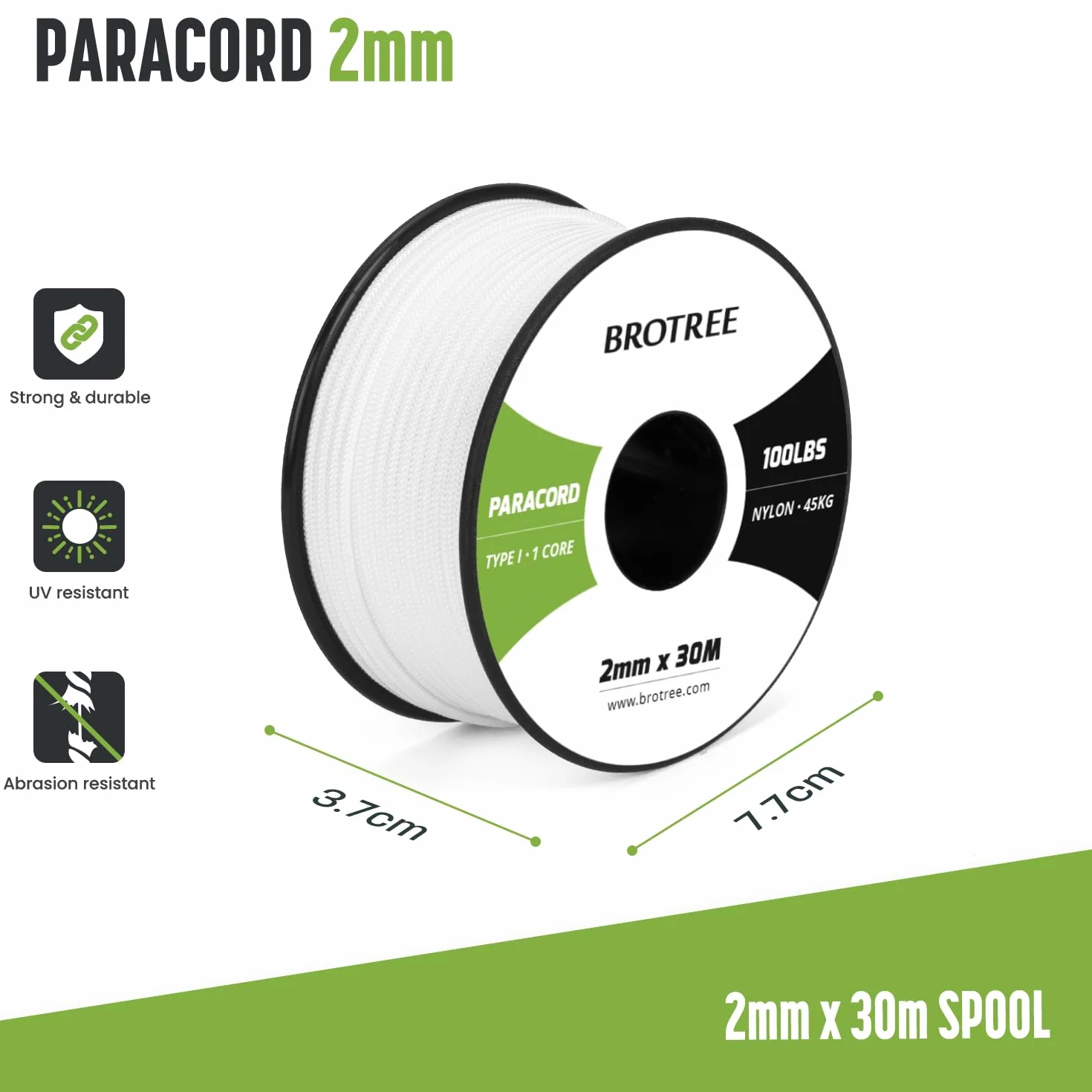 Brotree Paracord 2mm 30M 100% Lina Nylonowa 1-żyłowa Sznurek do Zewnątrz, Rzemieślnicze, Kemping - Obciążenie Niszczące 45kg (Biały)
