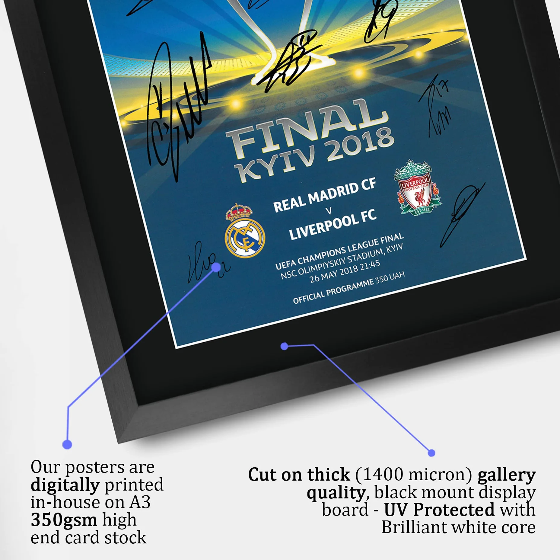 HWC Trading FR A3 Real Madrid 2018 Champions League Final Programme Drukowane Pamiątki Sygnowane Autografami Plakat Dla Kibiców I Kibiców Piłki Nożnej - A3 Oprawiony