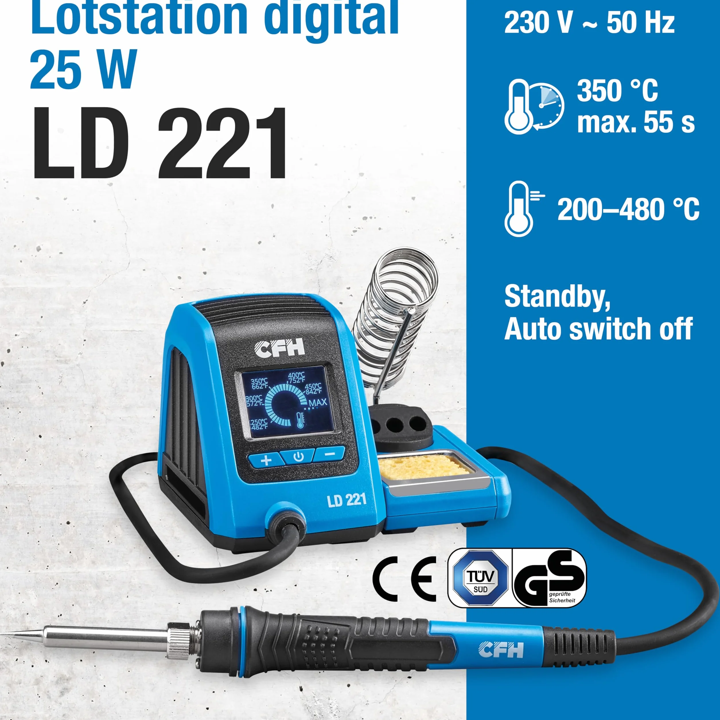 CFH Cyfrowa stacja lutownicza LD 221, 25 W, 200-480 °C, wyświetlacz LED, lutownica, uchwyt z gąbką do czyszczenia