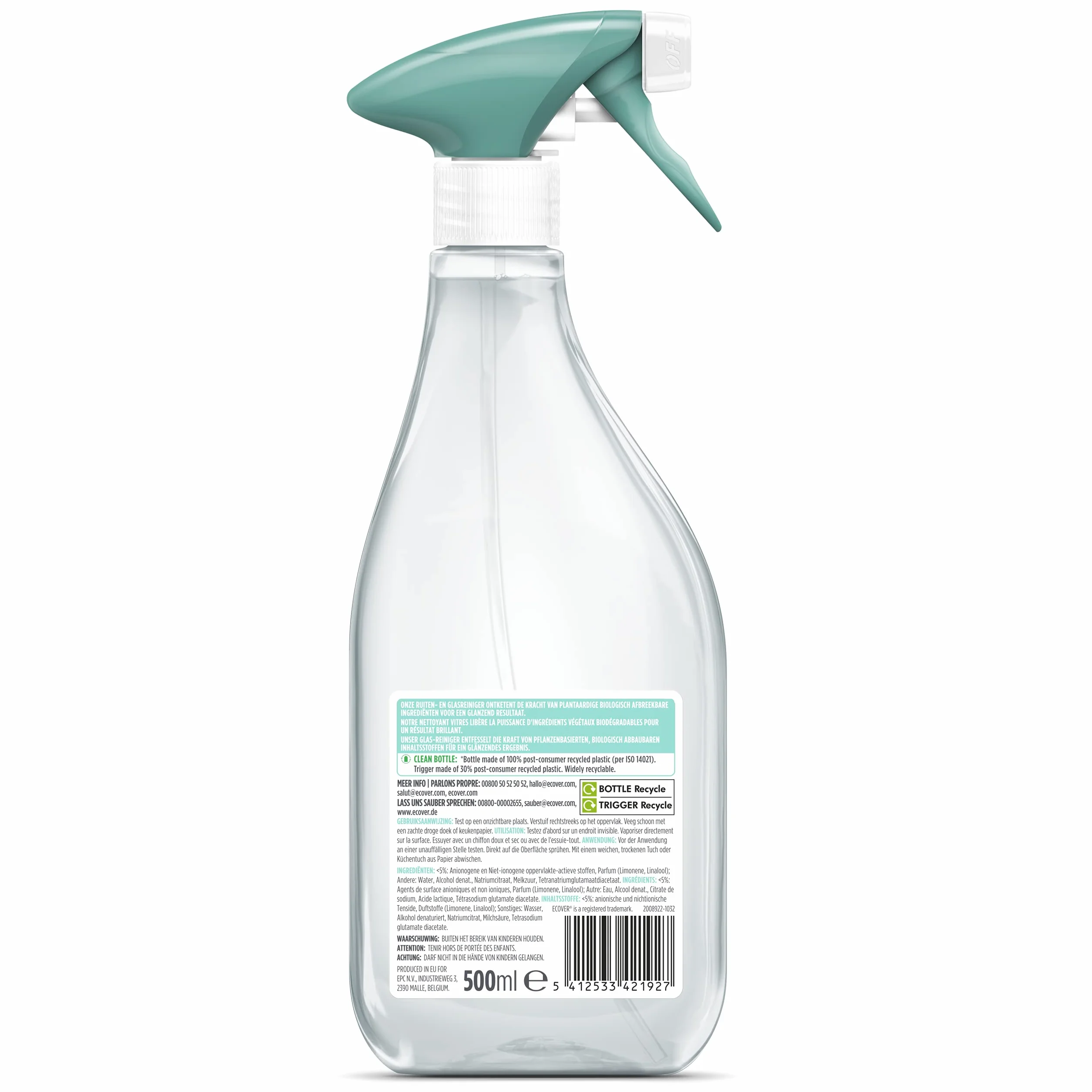 Ecover Spray do czyszczenia szkła do okien bez smug, zapach zielonej herbaty i grejpfruta, 6 sztuk, 6 x 500 ml