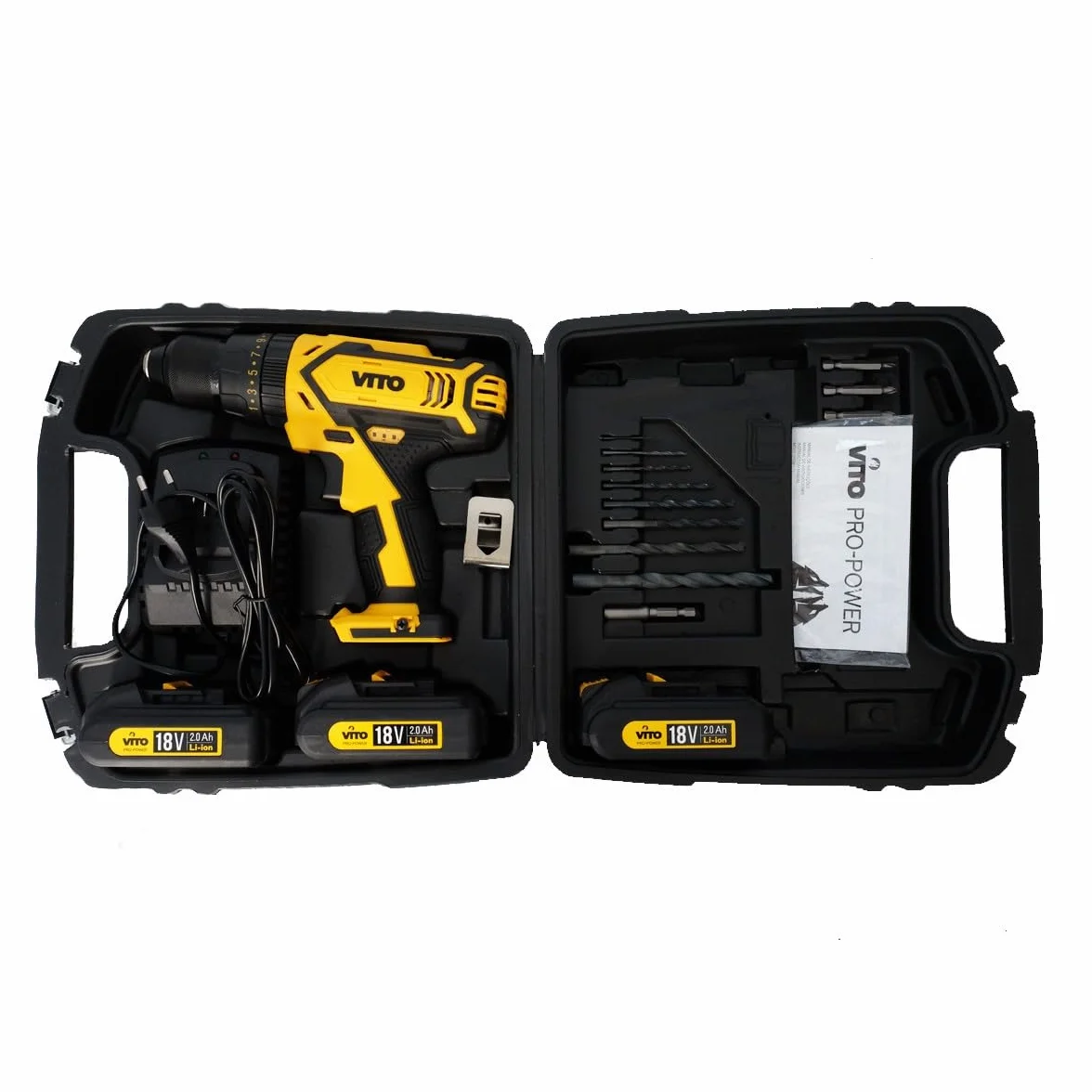 Wiertarka wkrętarka 18V VITOPOWER + 3 akumulatory LITHIUM 2.0 Ah walizka 18 akcesoriów