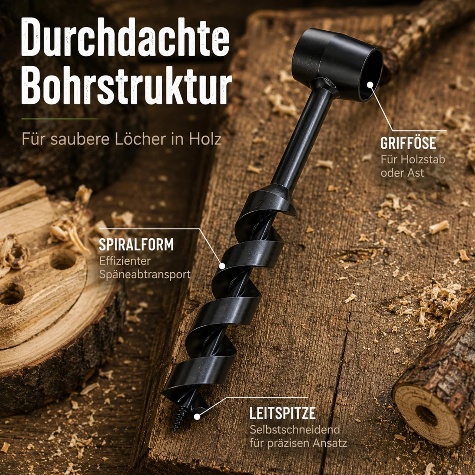 Bushcraft 4-częściowy zestaw wierteł ręcznych do drewna z drewnianym drążkiem, do obróbki drewna, do survivalu na świeżym powietrzu, na kemping, do pracy