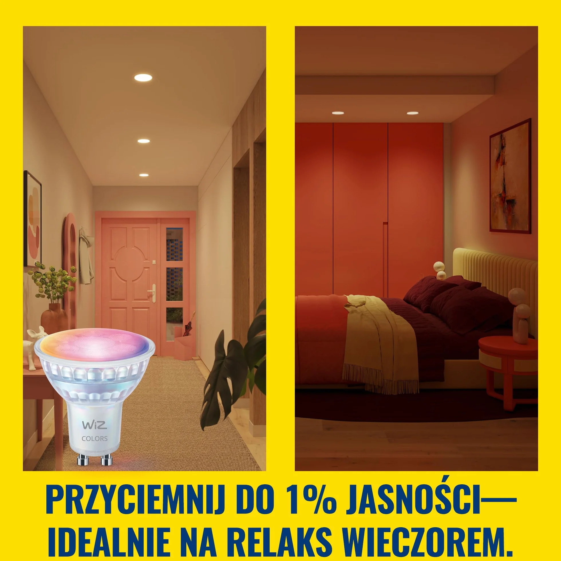Szklany reflektor punkt WiZ Smart LED GU10, kolor i regul odcień białego światła, odpowiednik 50 W, 2200K–6500K, 345 lumenów, przyciemn, działa z Alexą, Google Assistant i Apple Home, op. 2 szt.