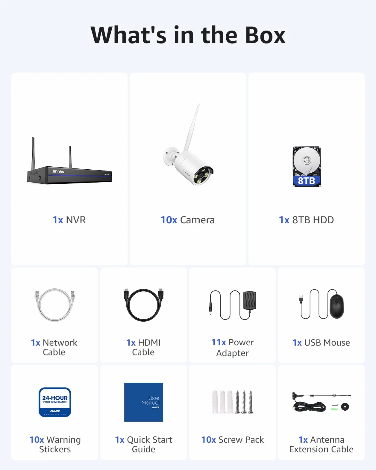 ANNKE Zestaw 2K WLAN kamera do monitoringu, do użytku na zewnątrz, 10X 2K WiFi, 16CH 4K NVR z 8 TB HDD, w pełni metalowy, 5 GHz/2,4 GHz Wi-Fi, noktowizor, rozpoznawanie osób, 2-drożne audio