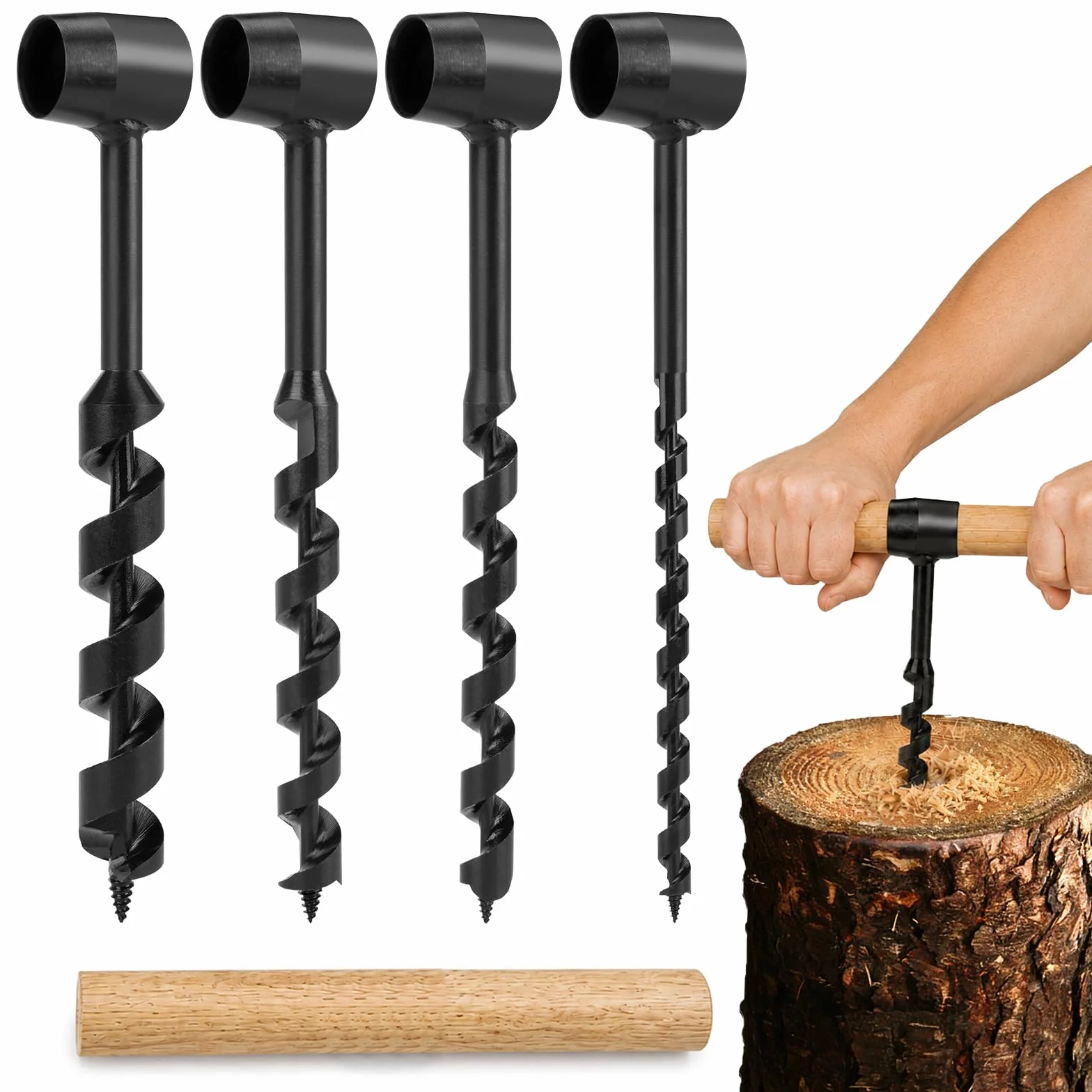 Bushcraft 4-częściowy zestaw wierteł ręcznych do drewna z drewnianym drążkiem, do obróbki drewna, do survivalu na świeżym powietrzu, na kemping, do pracy