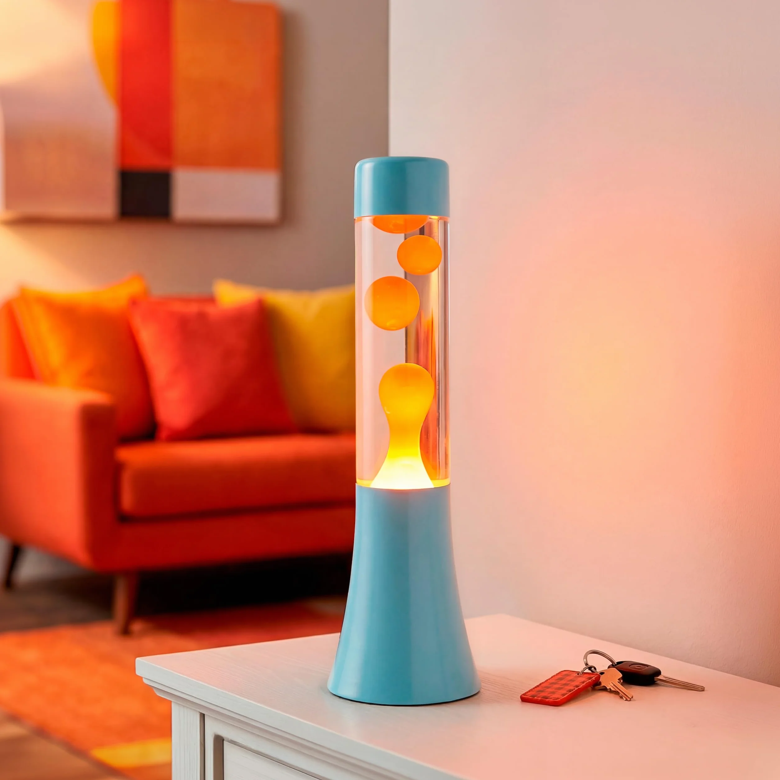 Fisura Lampa lawa zielona 30 cm retro dekoracyjna niebieska podstawa pomarańczowy płyn