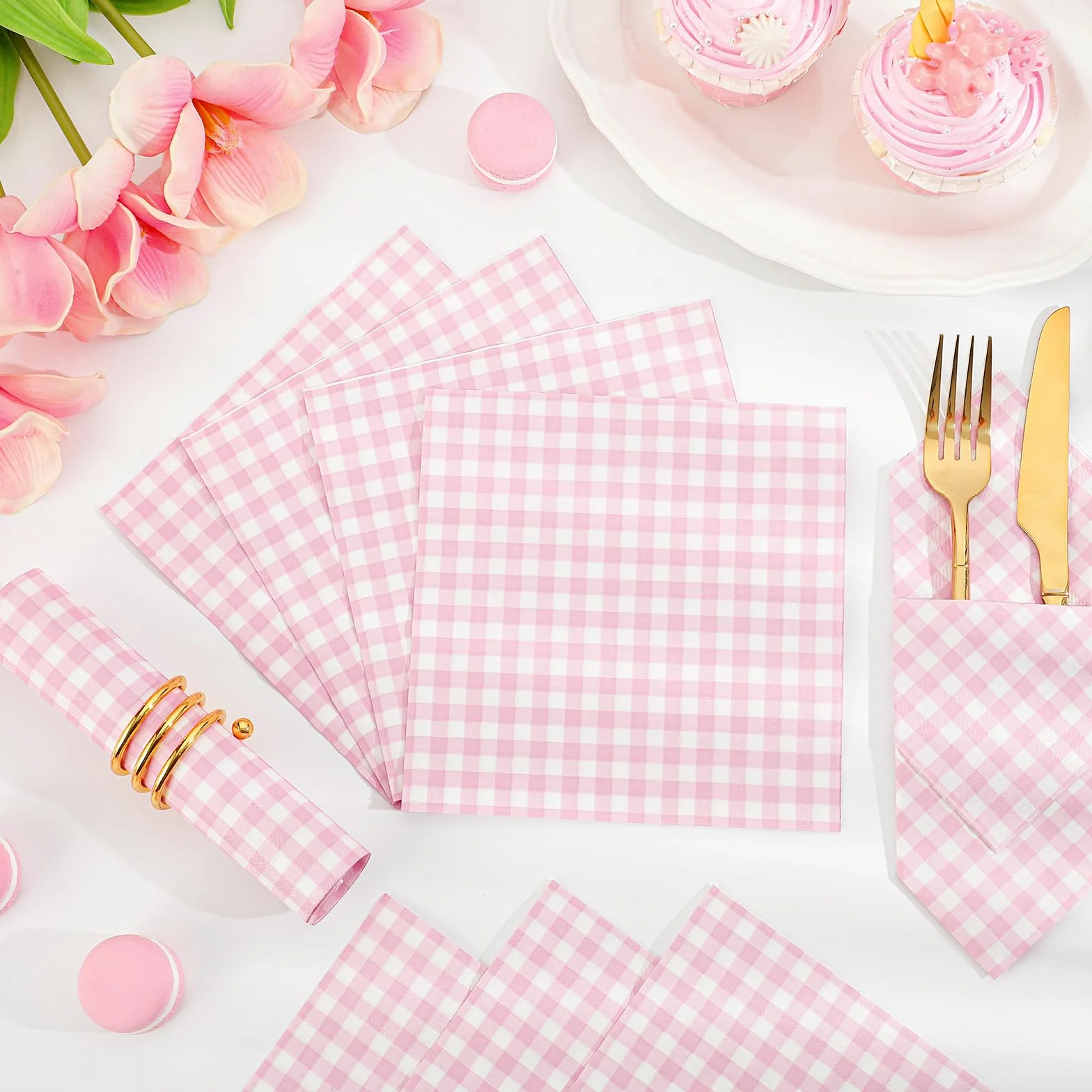 Różowe papierowe serwetki w kratkę, 16,5 cm, 2-warstwowe, różowe i białe papierowe serwetki jednorazowe na wesela, baby shower, pikniki i dekoracje świąteczne