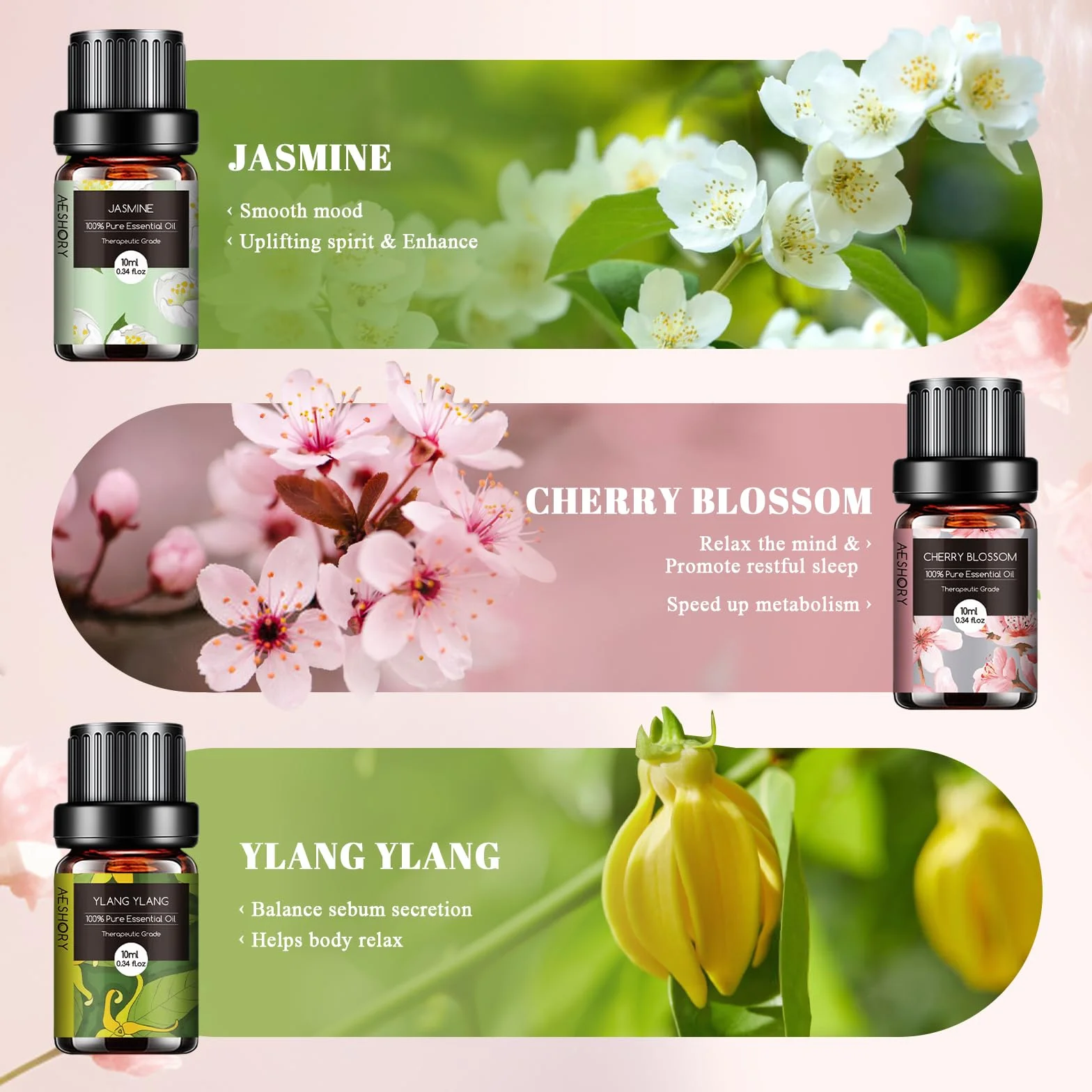 Aeshory Zestaw Olejków Eterycznych Kwiatowych 6 X 10 Ml, 100% Naturalnych Olejków Eterycznych Kwiatowych Do Nawilżacza Z Dyfuzorem - Lawenda, Róża, Jaśmin, Kwiat Wiśni, Biała Herbata, Ylang Ylang