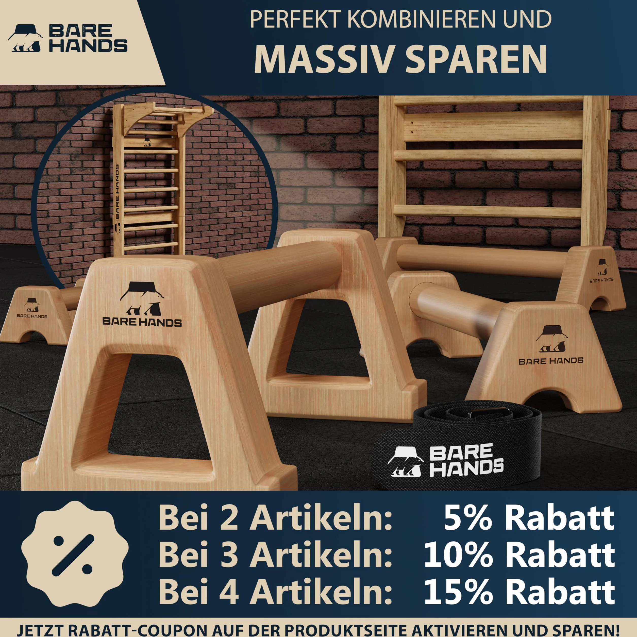 BARE HANDS Uchwyty do pompek – 2 x chroniące stawy i antypoślizgowe drewniane uchwyty do pompek – Calisthenics Equipment do użytku wewnątrz i na zewnątrz – idealne do stania na dłoni i pompek