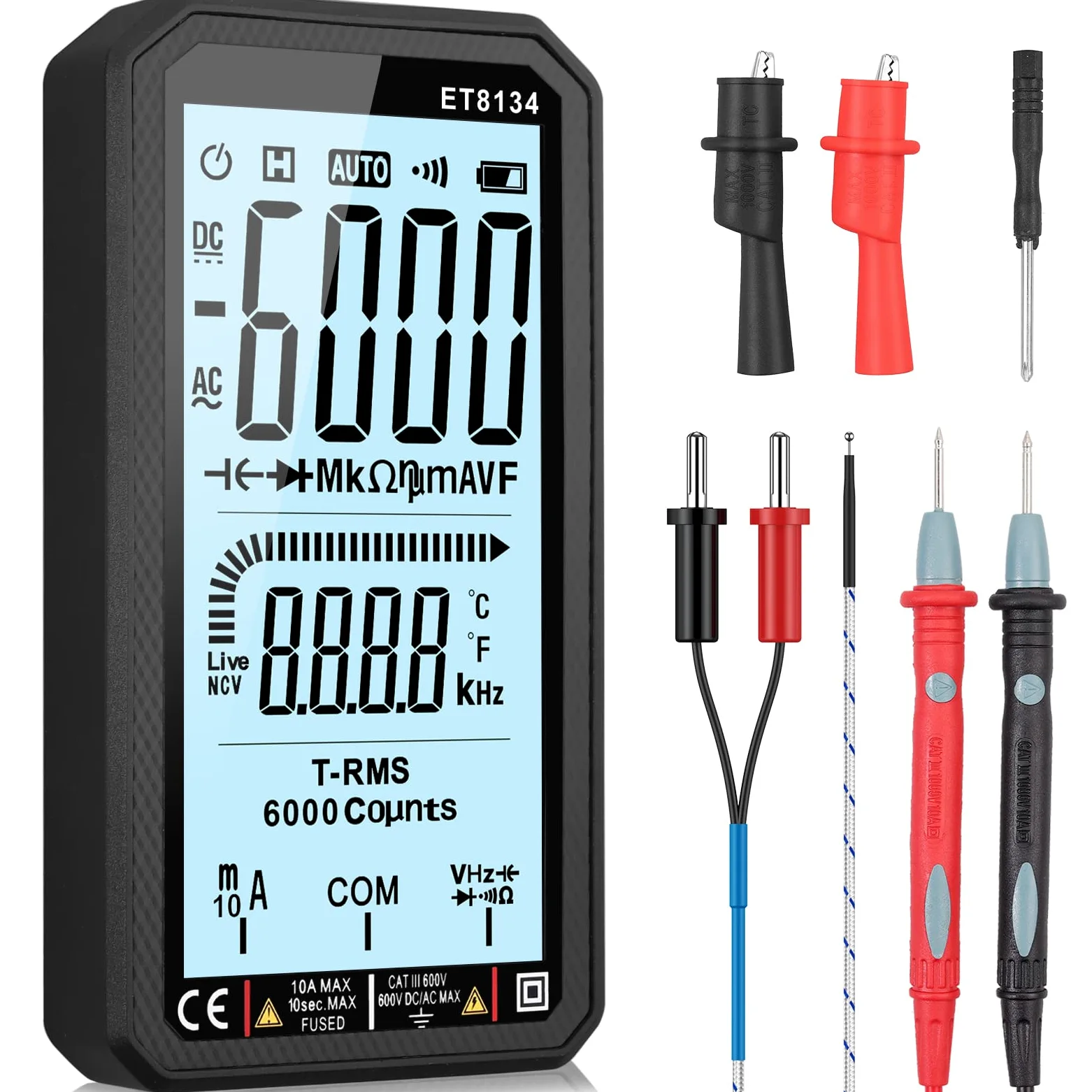 Neoteck Cyfrowy multimetr 6000 Counts True RMS LCD, duży ekran, multimetr, napięcie, woltomierz, temperatura, NCV diody