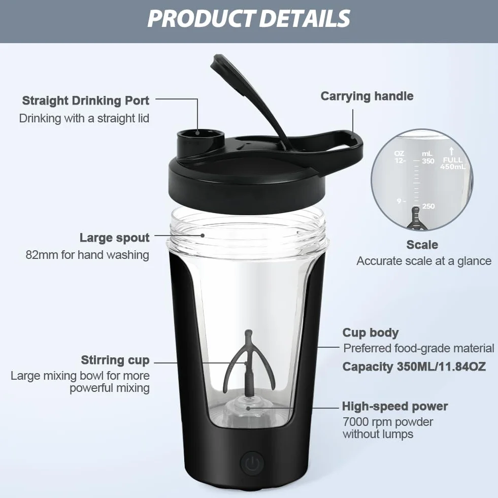 AOOWU Elektryczny shaker do białek Vortex - USB, 24 oz, 60+ shakes na ładowanie, BPA free
