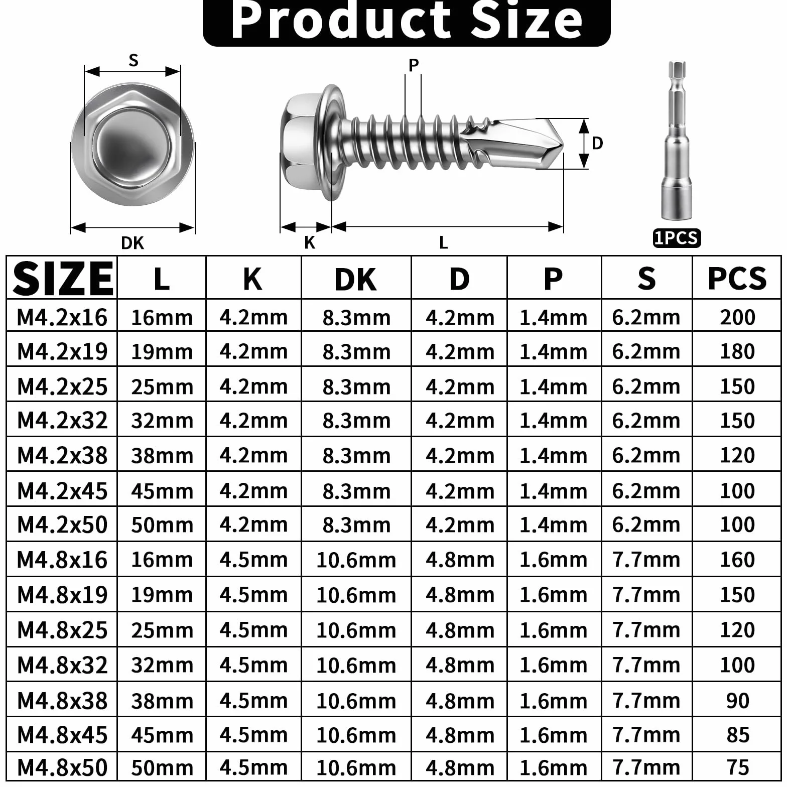 100 sztuk wkrętów samogwintujących do metalu, 4,2 x 50 mm, śruby do blachy trapezowej, stal nierdzewna, 304, wkręty do blachy, sześciokątne, wkręty z łbem sześciokątnym, zestaw kluczy