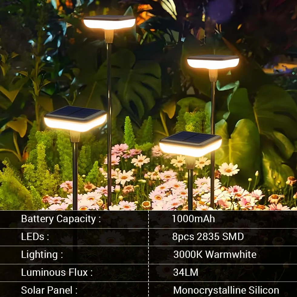 Lampy solarne ogrodowe LED, 4 sztuki, na zewnątrz, ciepła biel, 1000 mAh, super jasne, 34 lumeny, wodoodporność IP65, na zewnątrz, podwórko, do ziemi, na trawnik, dekoracja podjazdu