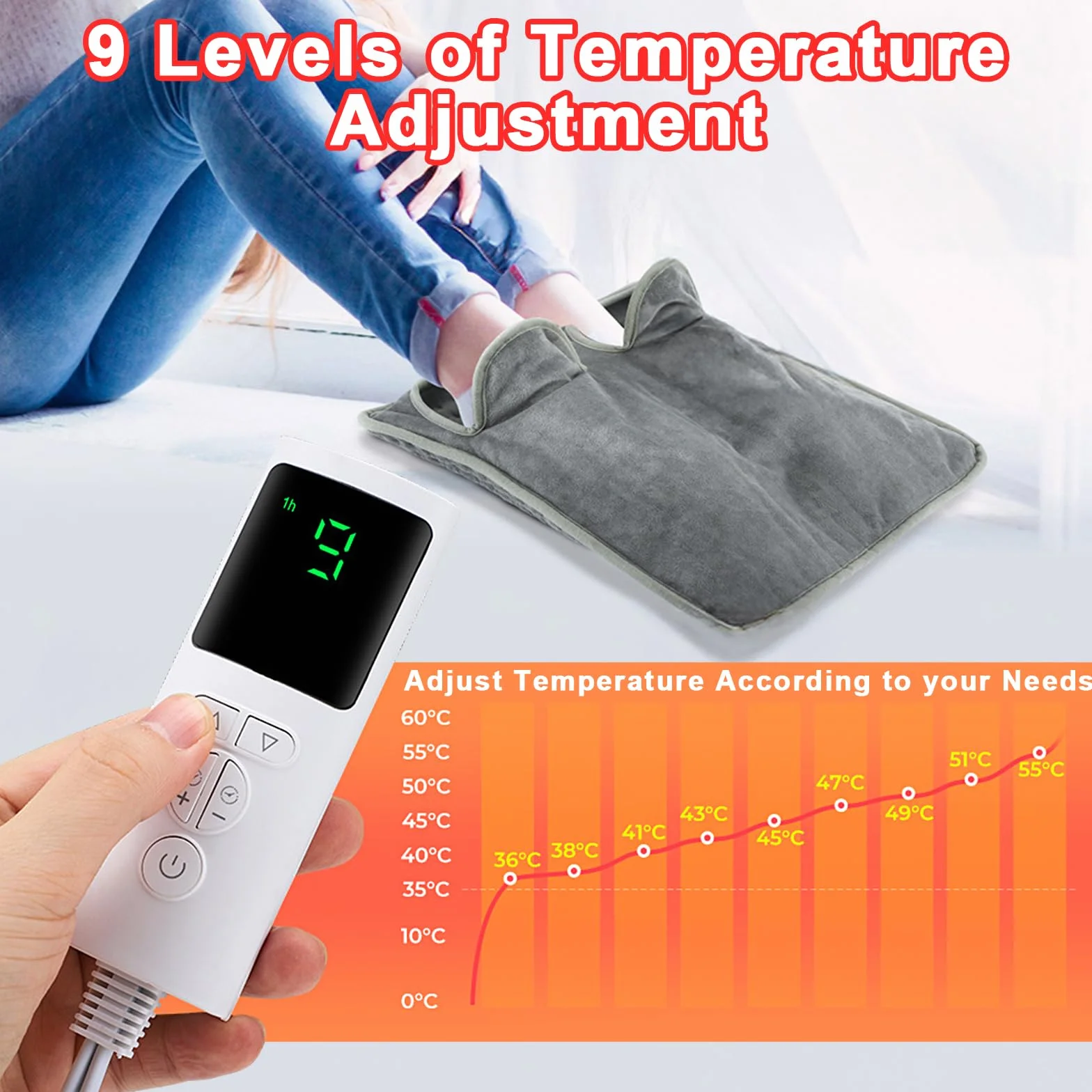 Elektryczny ogrzewacz do stóp, 9 poziomów temperatury, 4 ustawienia timera, automatyczne wyłączanie