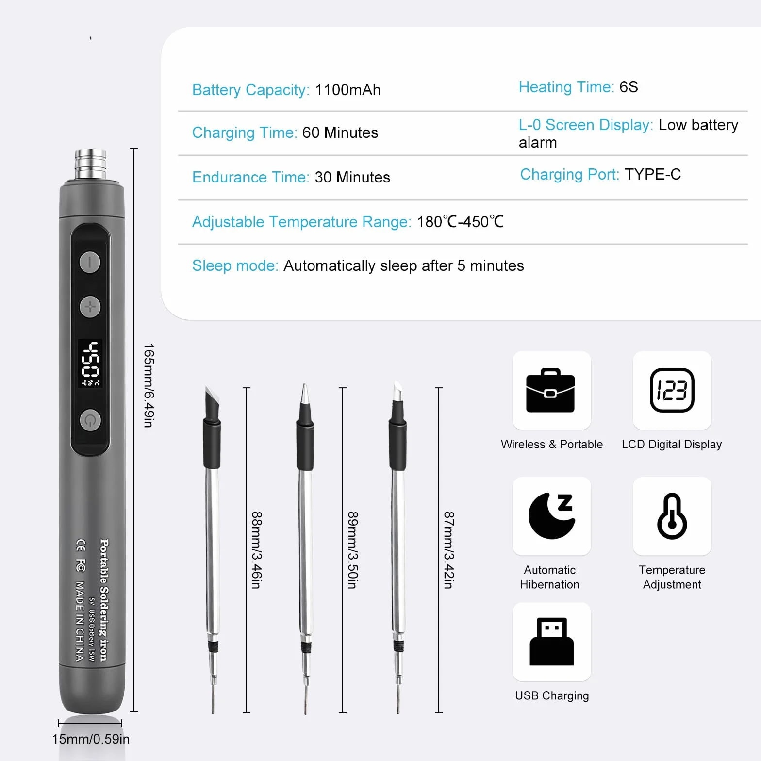Flintronic Lutownica cynowa, bezprzewodowy zestaw lutowniczy, ładowalny zestaw lutowniczy USB z wyświetlaczem LCD, regulowana temperatura od 180°C do 450°C, 3 końcówki lutownicze, pasta i drut