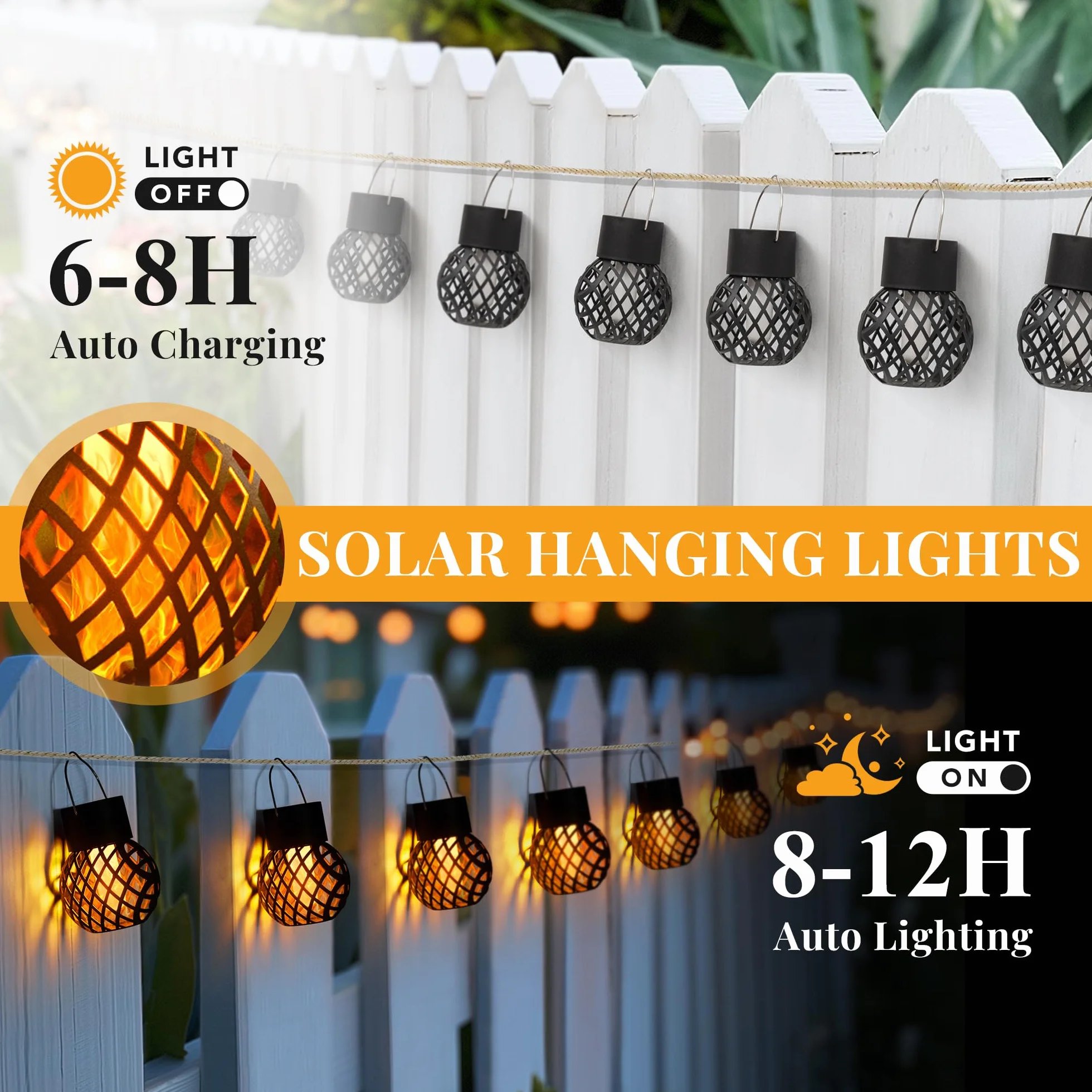 GIGALUMI Solarna lampa wisząca do użytku na zewnątrz, 4 sztuki, migoczący płomień, lampy solarne do ogrodu