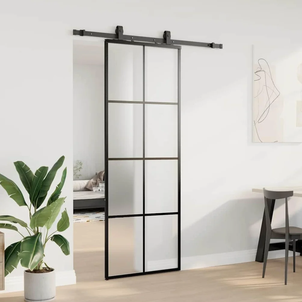 Drzwi przesuwne z okuciem, czarne, 76 x 205 cm, szkło ESG, stal malowana proszkowo, cicho przesuwne, zajmują mało miejsca, do salonu, sypialni, kuchni