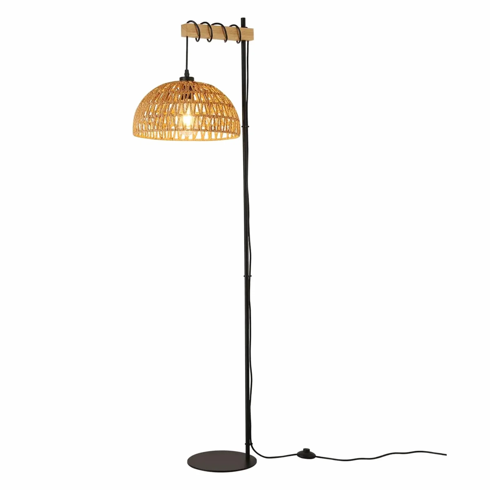 Alpinaluz Lampa Podłogowa E27 Pleciony Papier Kolor Juty Czarna Podstawa | Ręcznie wykonany klosz Ø32 cm, drewniany wspornik i przełącznik nożny do salonu, sypialni, czytania i boho