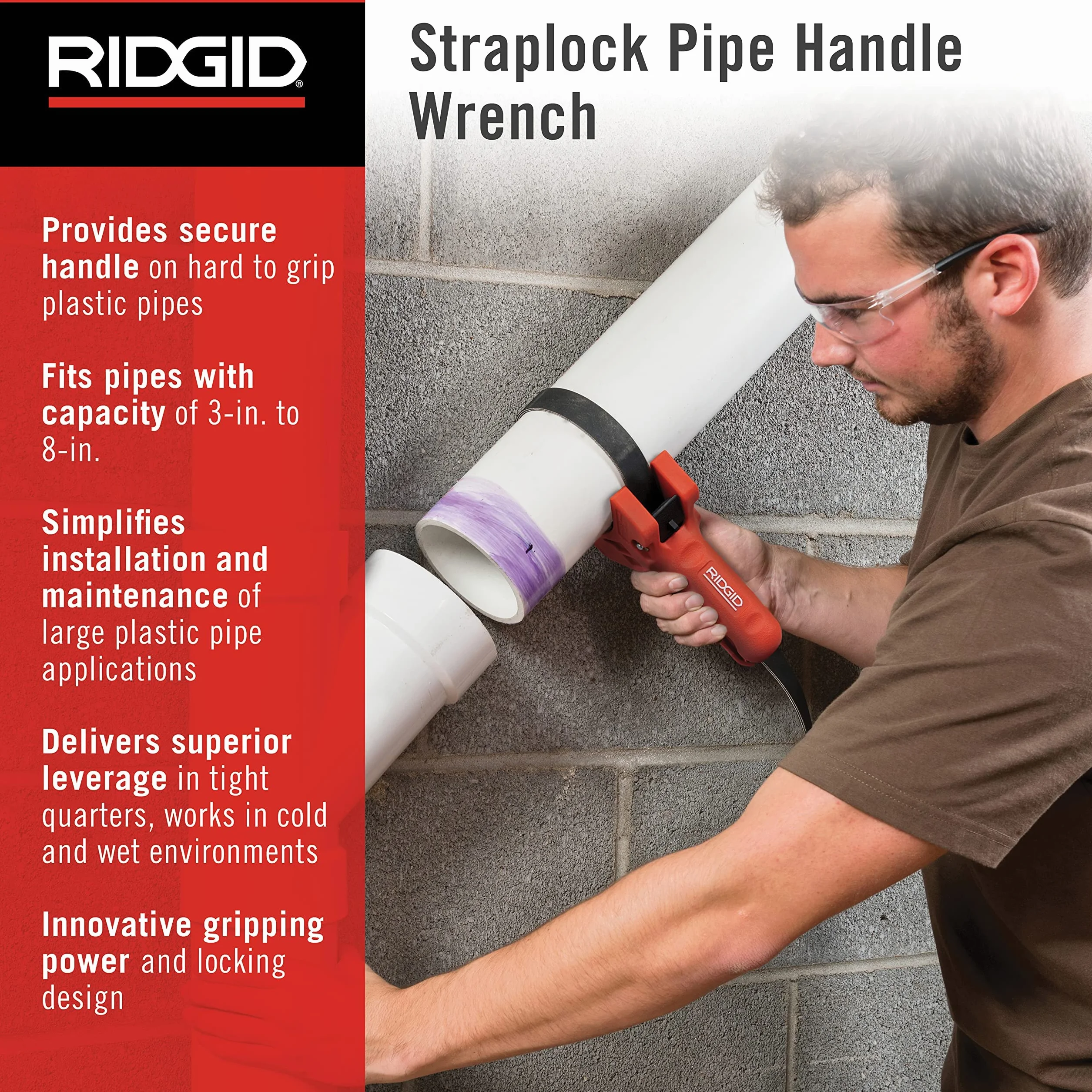 RIDGID 42478 Straplock Klucz taśmowy z uchwytem do rur 18 cm, czerwony.