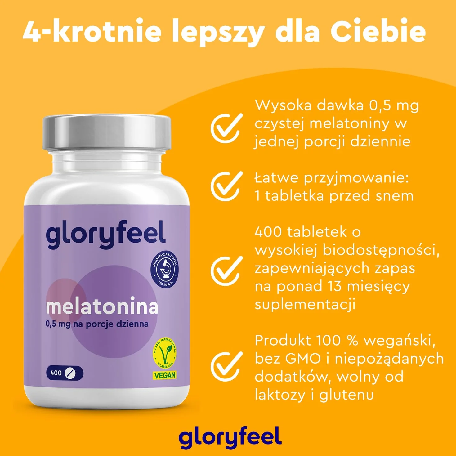 Melatonina - Wysoka dawka - 400 tabletek (13 miesięcy) - 0,5 mg bioaktywnej melatoniny na dzienną dawkę - 100% wegańska - Testowane laboratoryjnie - Wyprodukowano w DE bez niepotrzebnych dodatków