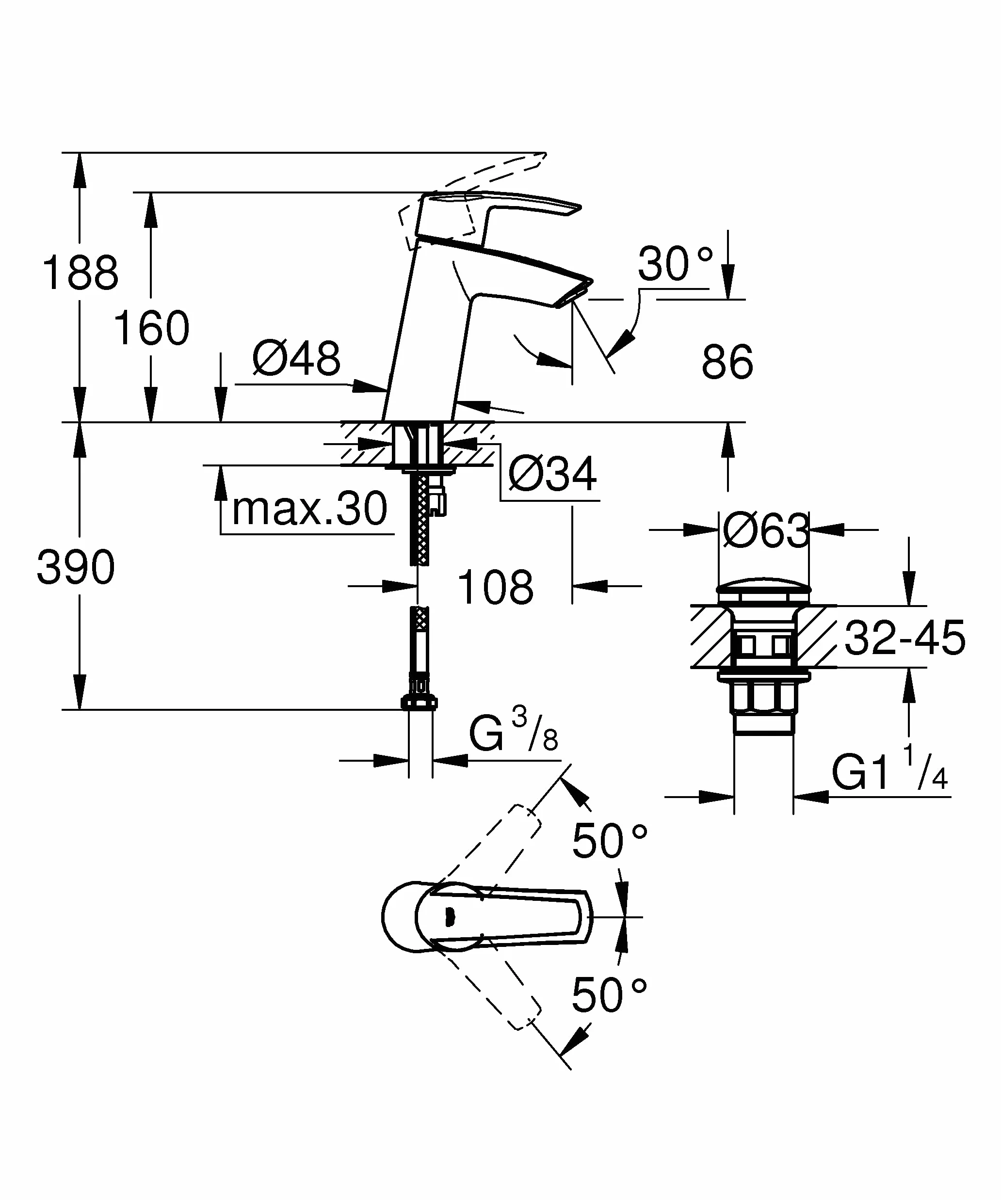 GROHE Start – bateria umywalkowa jednoręczna (oszczędność wody, rozmiar M, szybkie mocowanie, z ogranicznikiem temperatury), chrom, 23575001
