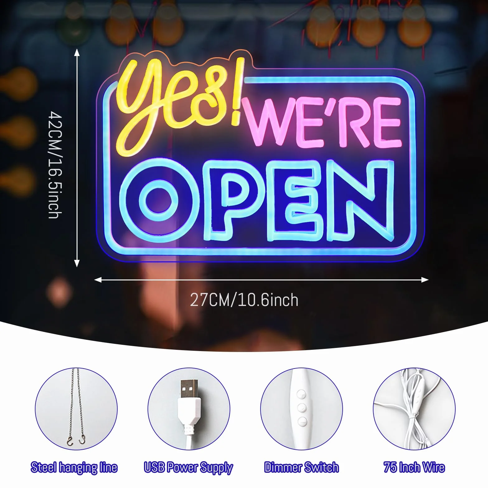 "Yes We are Open" neonowy znak dla biznesu, możliwość ściemniania, otwarty, zasilany przez USB, podświetlane znaki do sklepu biznesowego, kawiarni, hotelu, restauracji, baru, dekoracja (42 x