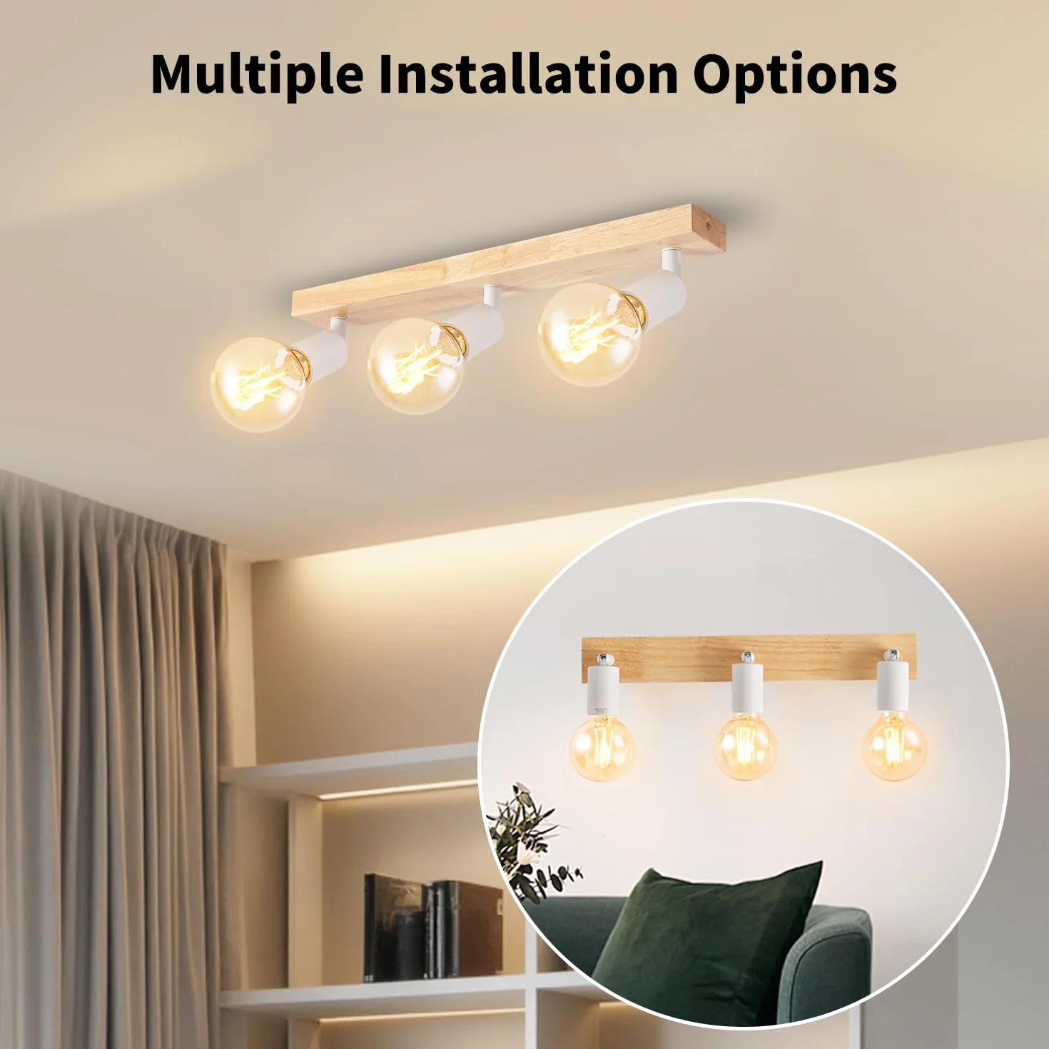 LVWIT Lampa sufitowa LED E27 z 3 reflektorami, białe oświetlenie wewnętrzne, drewniana lampa sufitowa z prostokątną podstawą, lampa ścienna do sypialni, żyrandol kuchenny (bez żarówek)