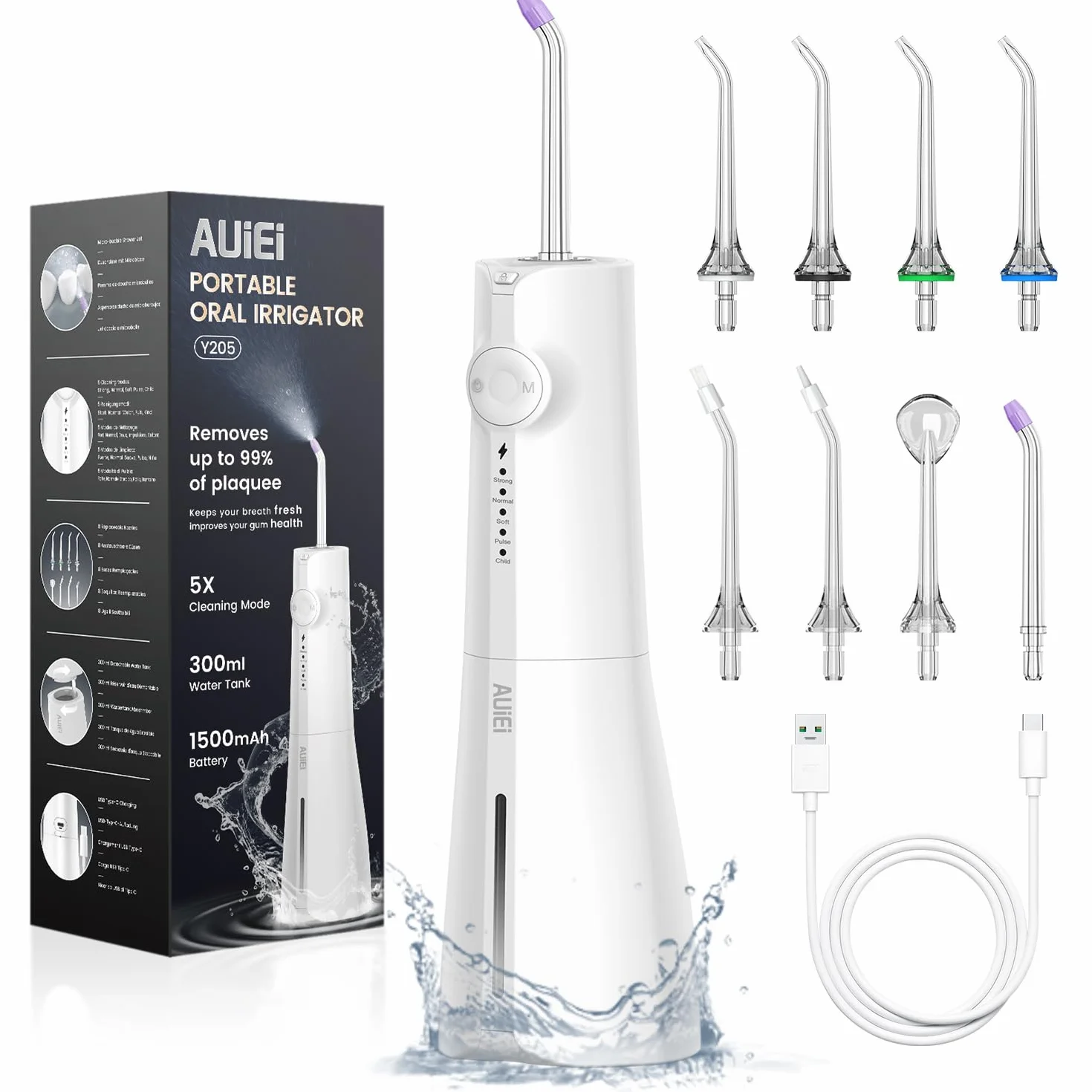 AUIEI Przenośny opryskiwacz dentystyczny do wody Flosser, irygator jamy ustnej 5 trybów i 8 dysz, zbiornik 300 ml, ładowany przez USB, wodoodporny IPX 7, odpowiedni do czułych dziąseł, biały