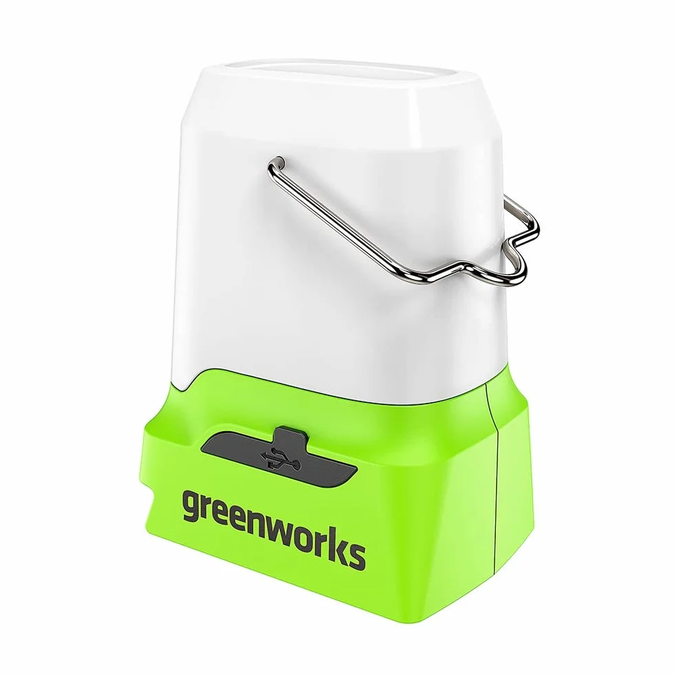 Greenworks G24LA500 Akumulatorowa Latarnia i Lampa Kempingowa z Hakiem do Zawieszania, 500 Lumenów, 3 Ustawienia Jasności, Gniazda USB i Typu C BEZ Akumulatora 24V i Ładowarki, 3 Lata Gwarancji