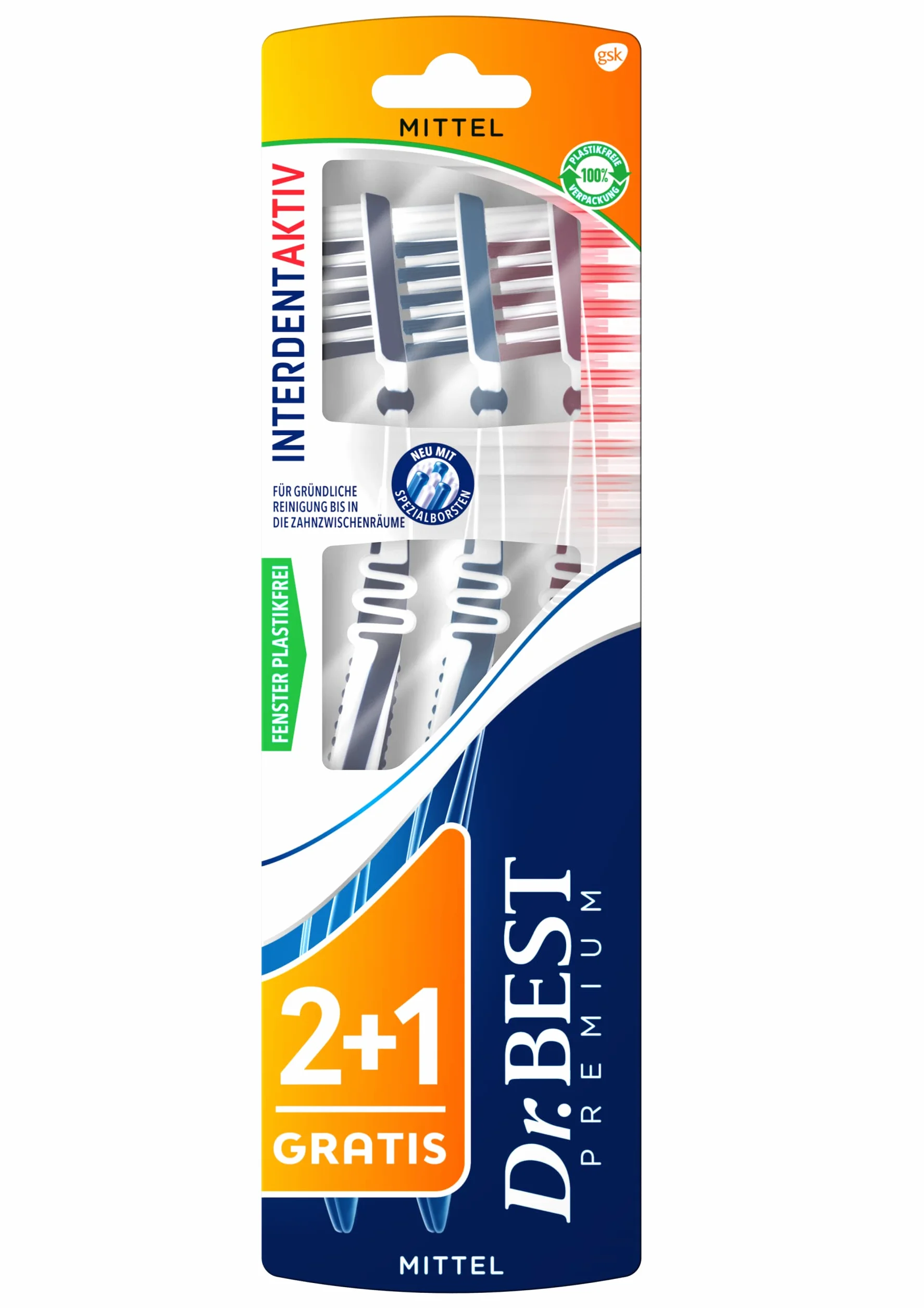 Dr.Best Interdent Aktiv 60000000112208 Szczoteczki do Zębów, Wielokolorowy, 3 sztuki