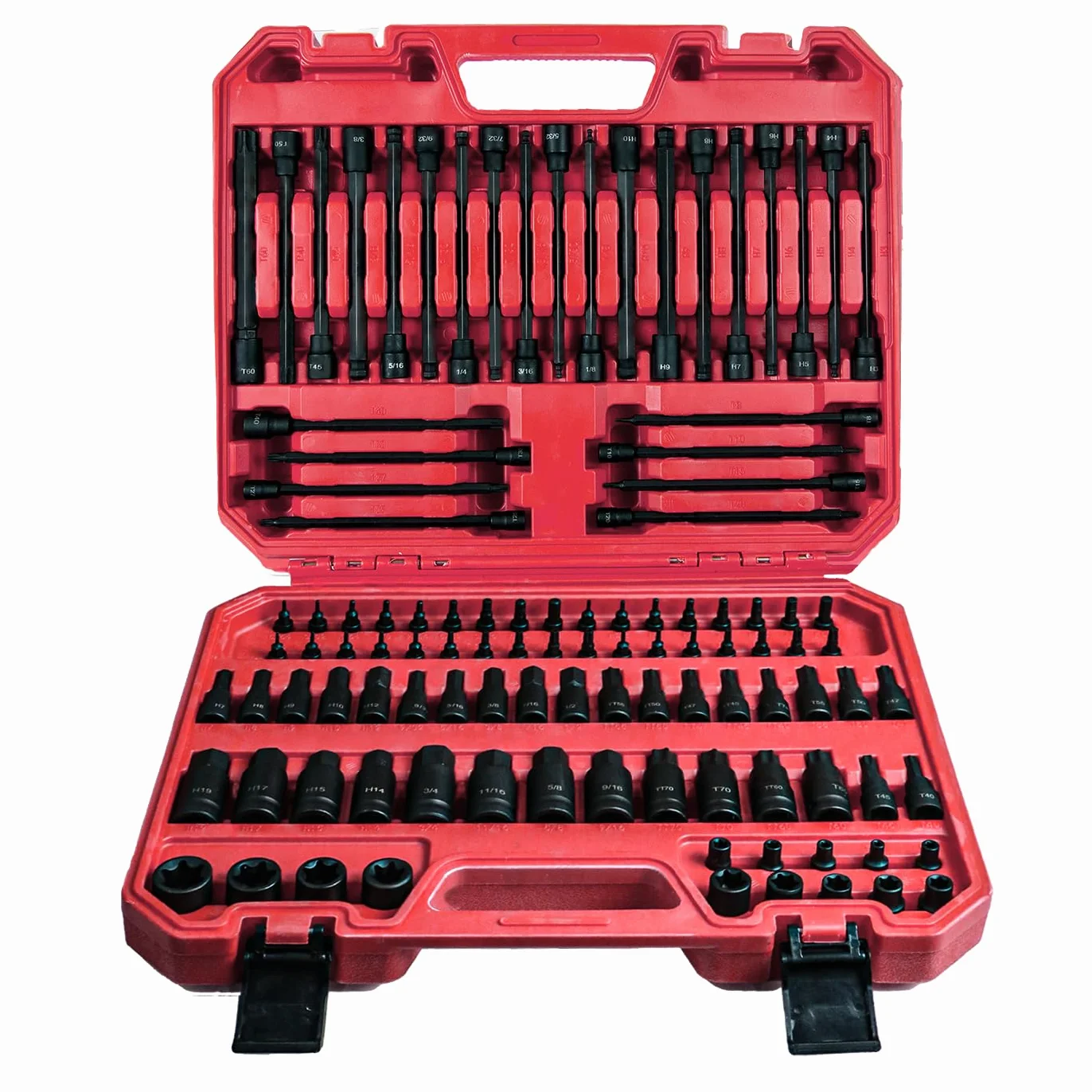 AMM 107 szt. zestaw nasadek imbusowych i Torx, 1/10.2 cm, 3/20.3 cm i 1/5.1 cm, bardzo długi Torx/Tamper Proof Torx/Hex/Ball End Hex, SAE/zestaw nasadek metrycznych, bity ze stali stopowej S2