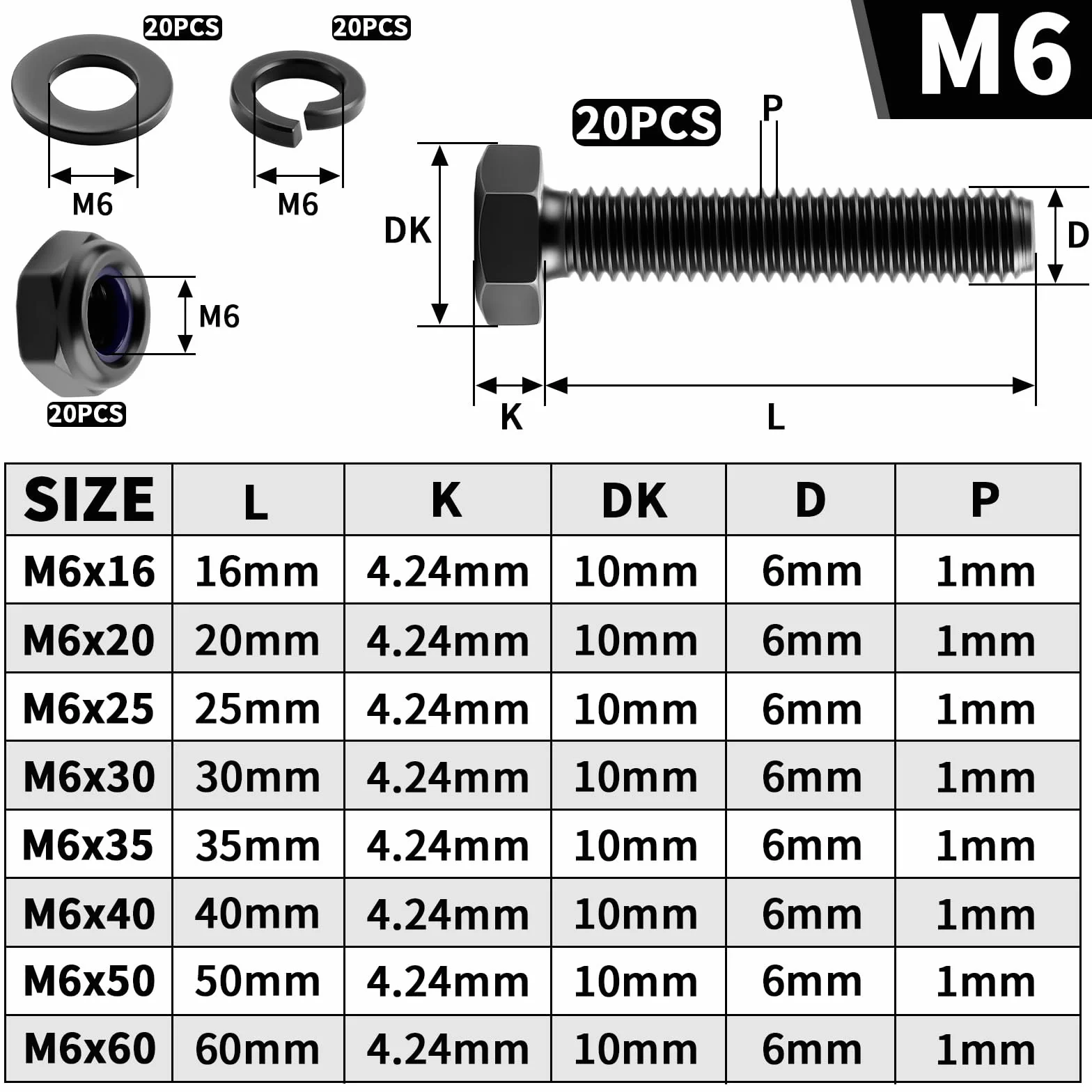 Mbsomnus 20 szt. śrub sześciokątnych M6 x 16 mm, czarne, DIN 933, śruby z łbem sześciokątnym, stal węglowa, sześciokątne z nakrętkami samozabezpieczającymi, podkładkami i pierścieniami sprężynowymi do