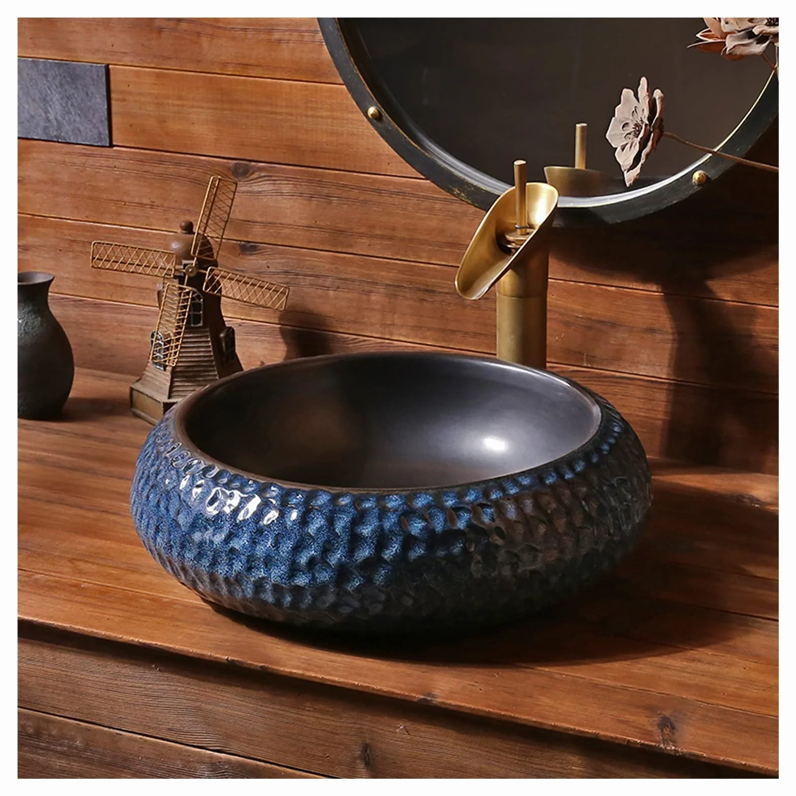Okrągła Porcelanowa Umywalka Nablatowa, Artystyczna Misa Umywalkowa, Ceramiczna Umywalka Nablatowa Z Baterią I Odpływem, Niebieska Teksturowana