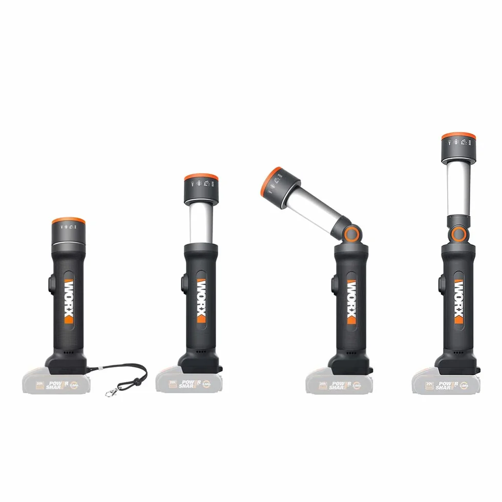 WORX WX027.9 Lampa LED 4 w 1, Akumulatorowa Lampa Wielofunkcyjna, 20V, 120-510 Lumenów na Kemping, w Podróży i Nie Tylko, bez Akumulatora i Ładowarki, Klasa Energetyczna A