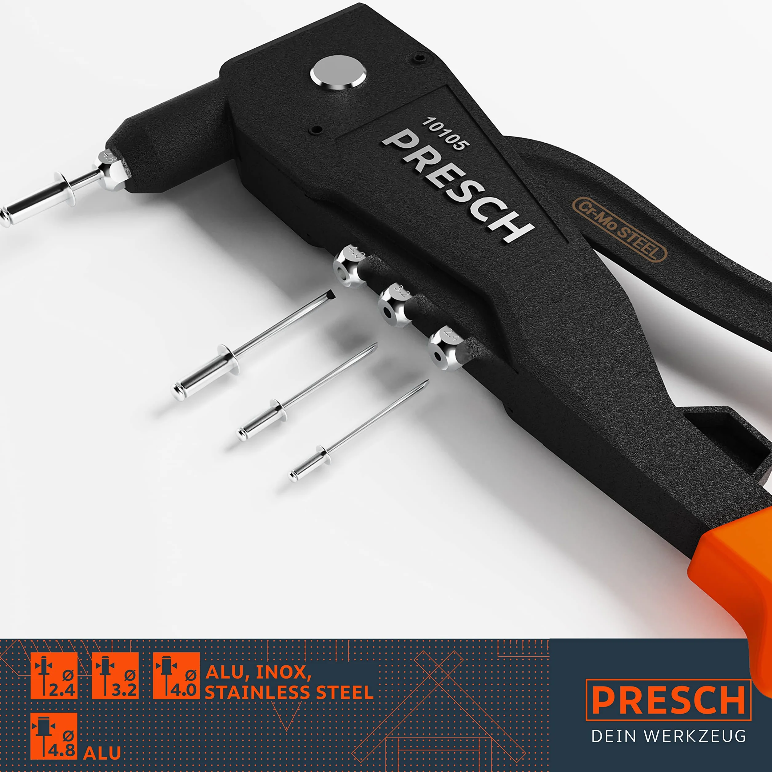 Presch Pistolet do nitów - Solidny, profesjonalny pistolet do nitów - Nitownica z ergonomicznym uchwytem do nitów zrywalnych - Stal Ø 2,4, 3,2, 4,0 mm i stal aluminiowa do 4,8 mm